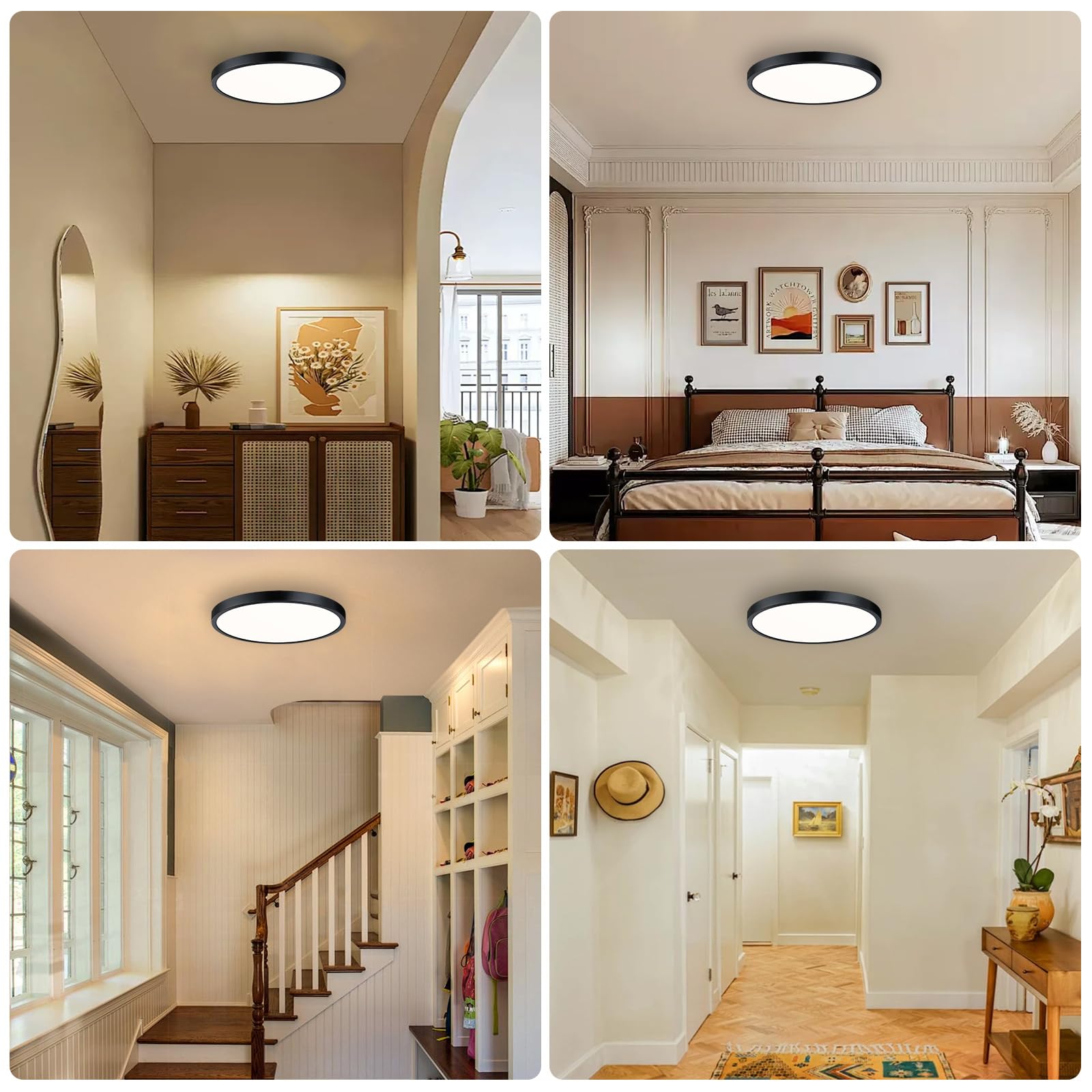 Caisens 14 Inch Flush Mount Ceiling Light Fixture, Dimmable, Metal and Glass, Black, Model CS019