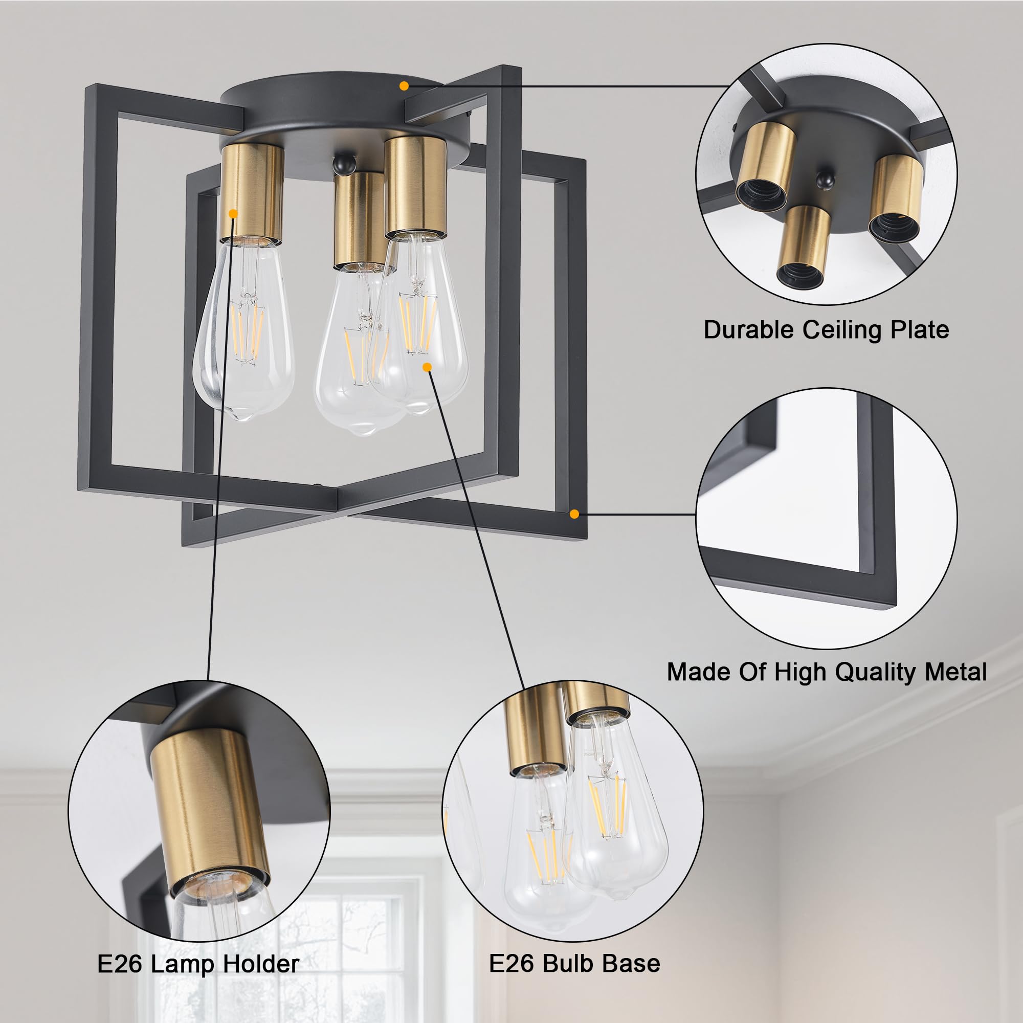 Bosomfr 3-Light Black and Gold Ceiling Light Fixture, Metal Semi-Flush Mount Chandelier for Kitchen, Living Room, Bedroom, Model K3-Gold