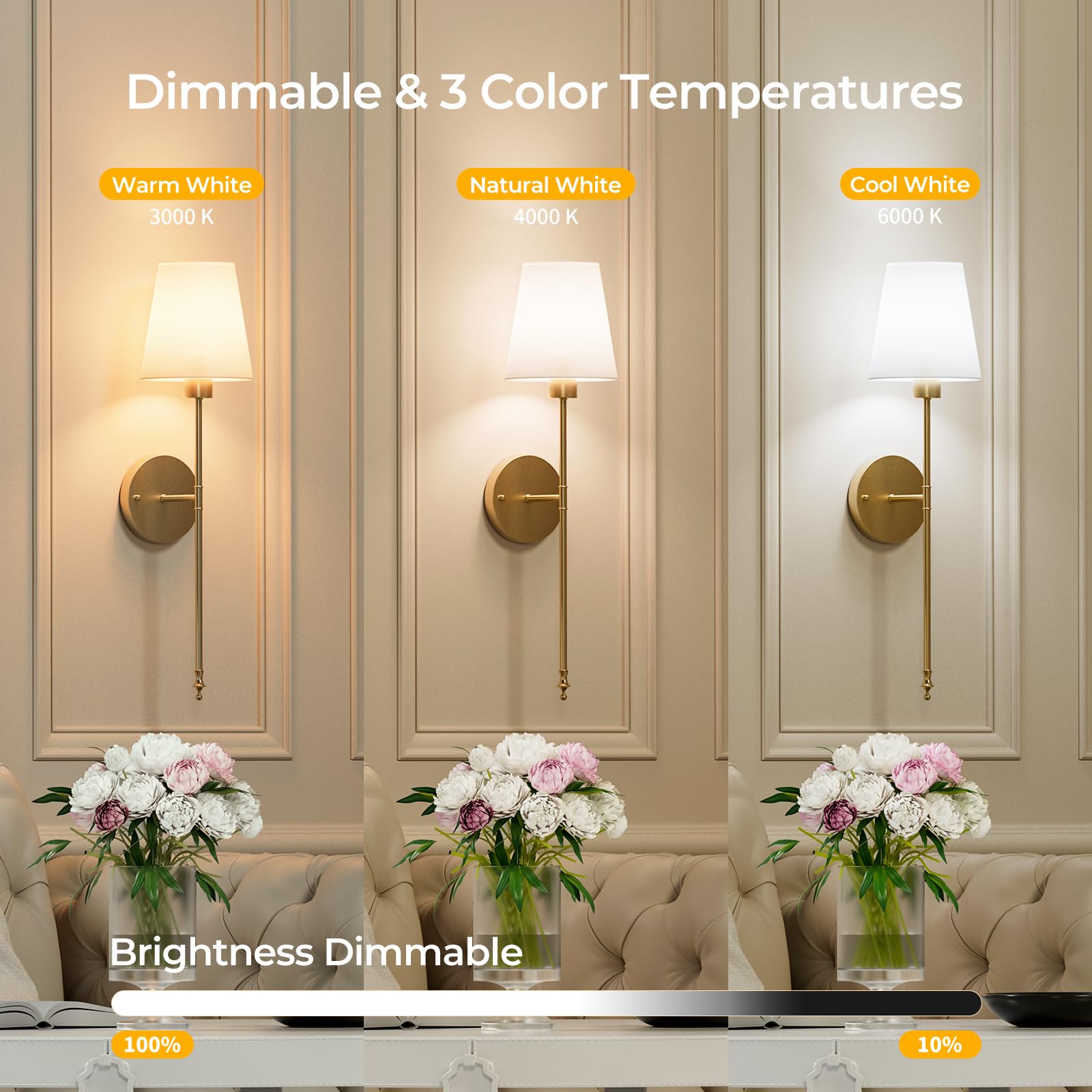 Brightown Battery Operated Wall Sconces, Set of 2, Gold, Cordless, Dimmable, 12 Colors, Rechargeable Bulbs, Model BWS-001