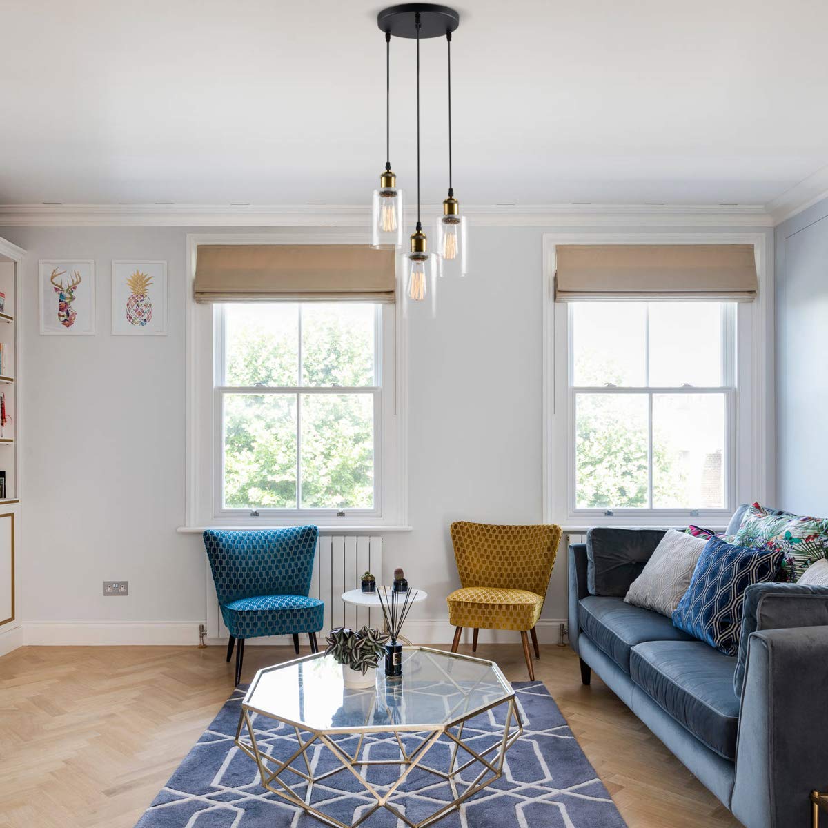 VILUXY 3-Light Pendant Light, Modern Farmhouse Chandelier, Seeded Glass Shade, Black and Gold Finish