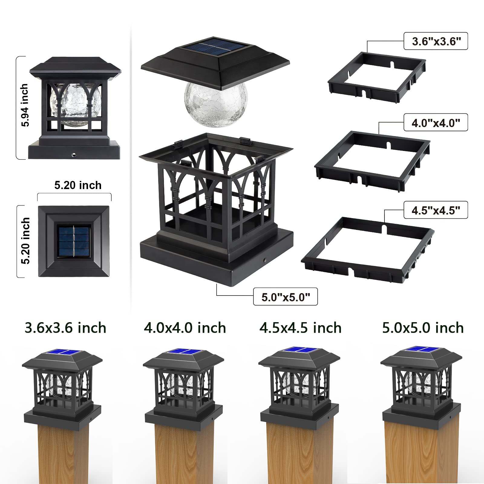 AEFRELEOHT Solar Post Cap Lights, 20 Lumens, Warm White & RGB, Waterproof, Black, 2 Pack, Fits 3.6x3.6 to 5
