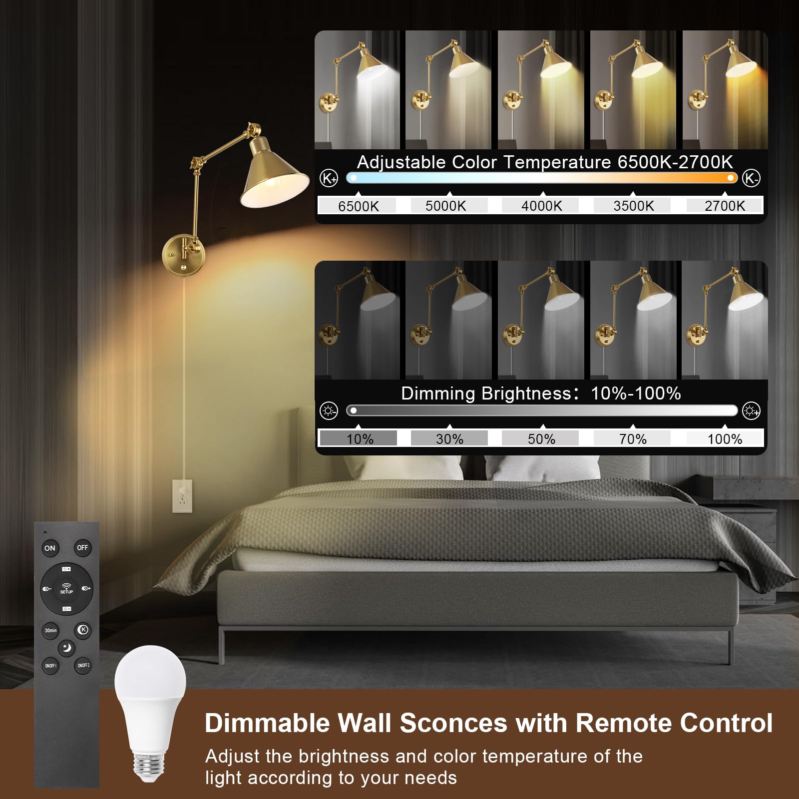 TRLIFE Wall Sconce - Dimmable Brass Swing Arm Lights with Remote, 2 Pack, Adjustable Color Temp 2700K-6000K, UL Listed