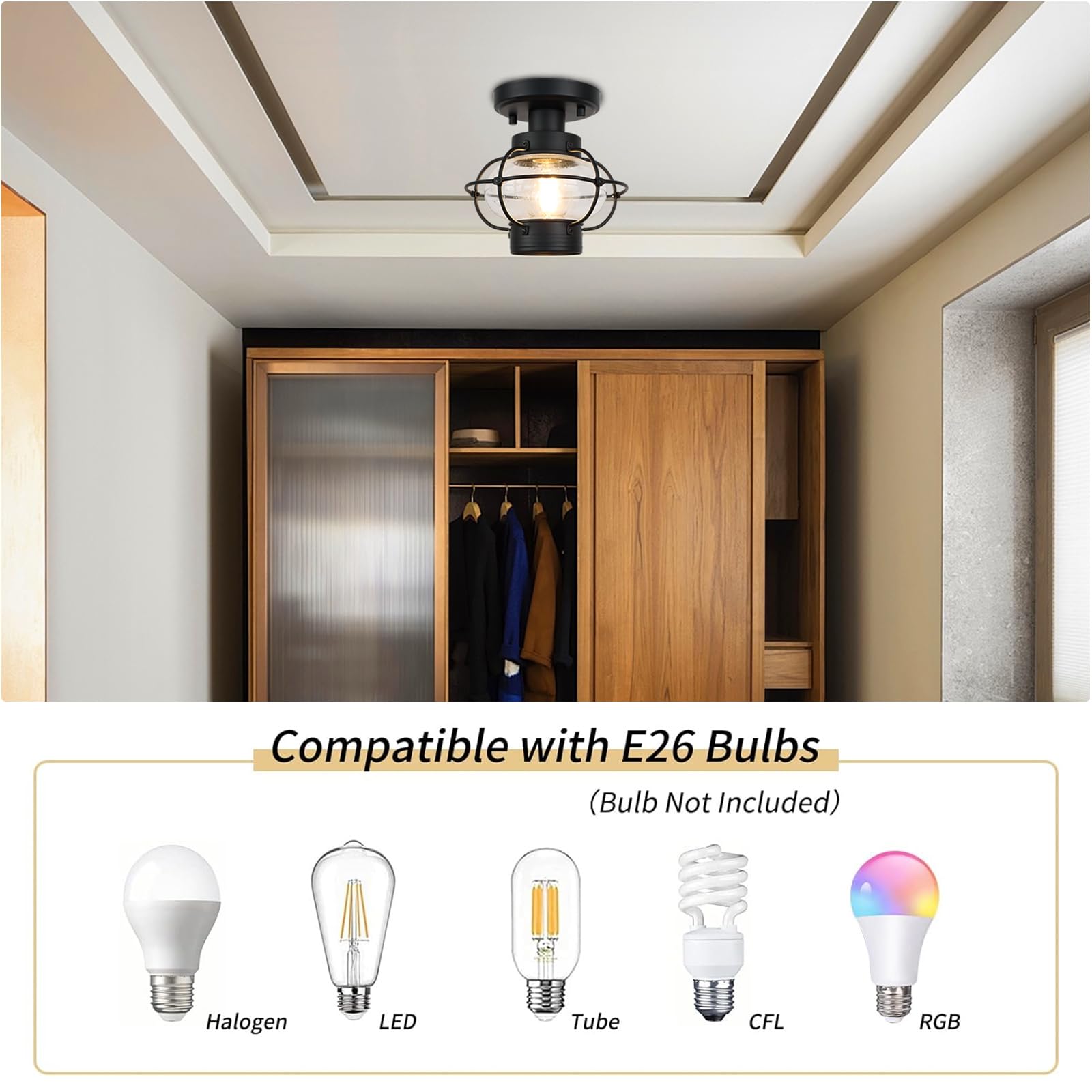 Kalium Hallway Light Fixtures, Industrial Ceiling Light Fixture With Glass Globe Shade, E26 Standard Base Farmhouse Ceiling Light For Hallway Entryway And Foyer