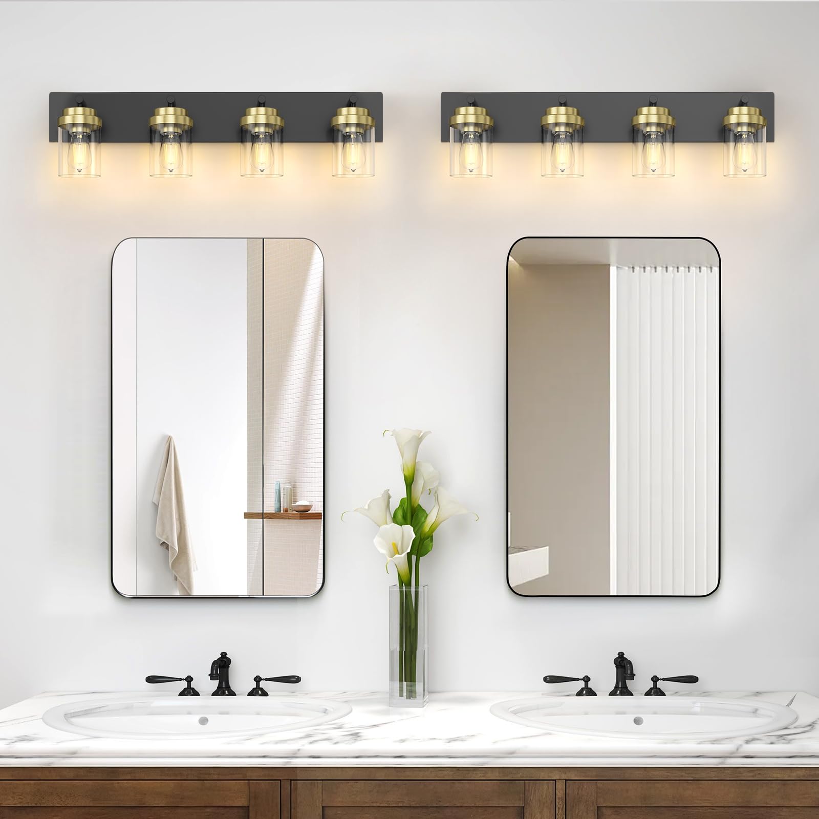 Izorro Bathroom Vanity Light Fixture  4-Light 27.5 Inch Black And Gold Bathroom Light Fixtures Over Mirror  With Clear Glass Shade  Modern Farmhouse Vanity Lights  Rustic Restroom Lighting Fixtures