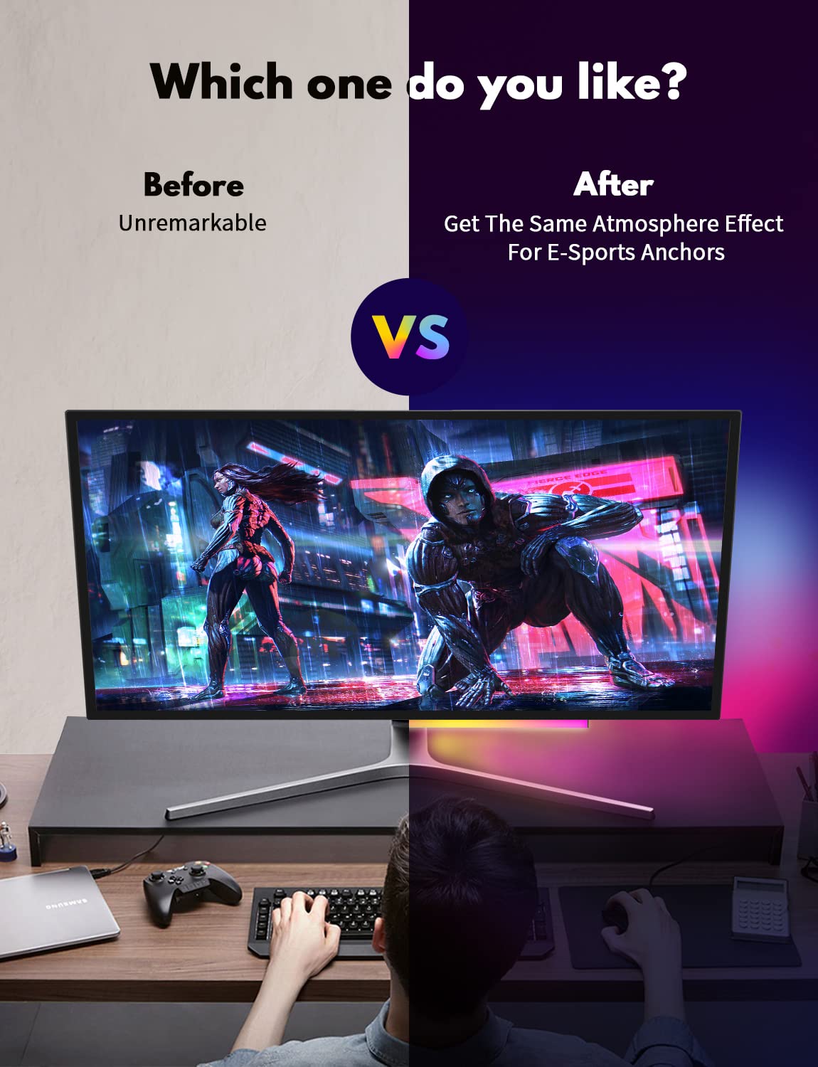 JUSJUBR Under Monitor RGB Light Bar, LED Desk Light, 12 Inch, Aluminum, Black, USB Powered, 353 Color Modes, Wireless Remote