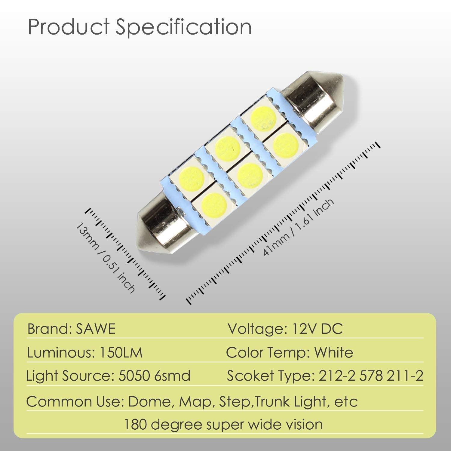 SAWE Festoon LED Bulbs, 6-SMD 5050, 42mm, 41mm, Pack of 8, White
