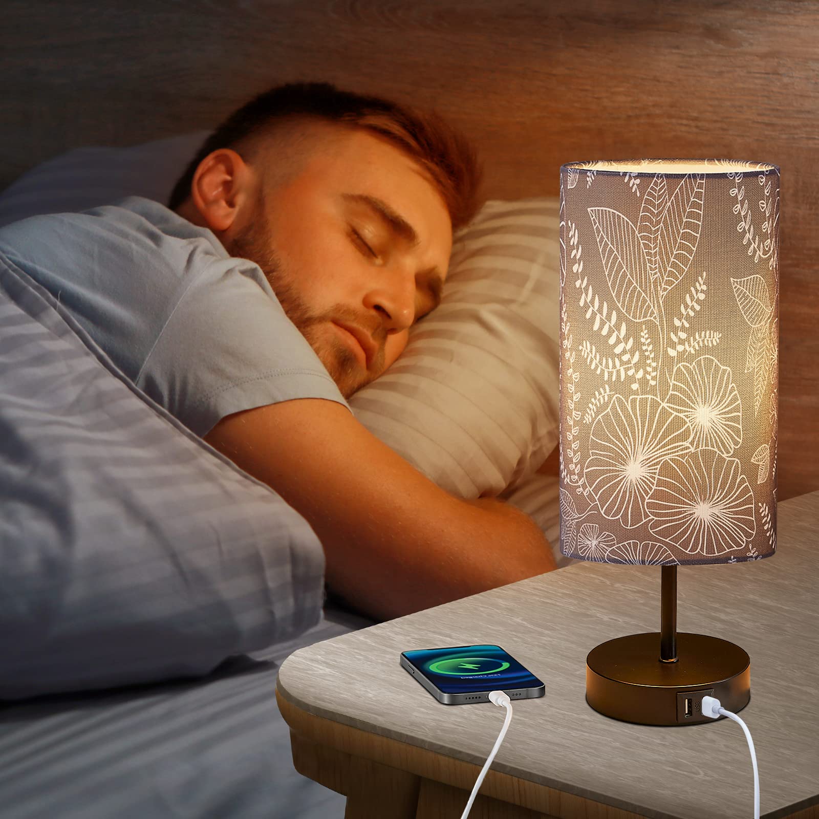 Bedside Table Lamp With 2 Usb Ports, Modern Touch Control Desk Lamp With Round Flower Flaxen Fabric Shade, 3 Way Dimmable Small