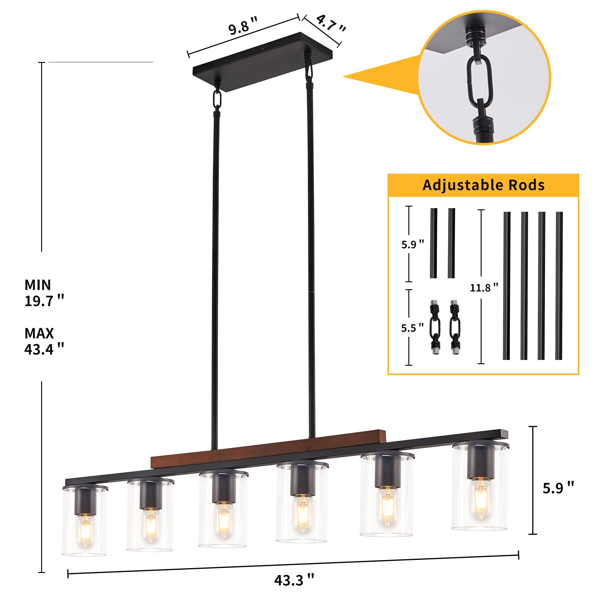 Mecgirn Farmhouse Dining Room Light Fixtures Over Table, Black Pendant Lights For Kitchen Island, 6 Light Large Linear Chandelier Lighting With Wood