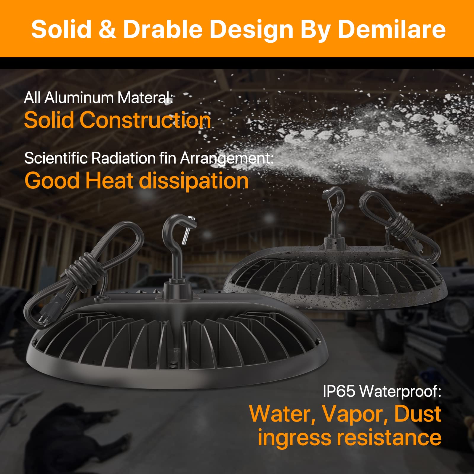 Demilare 2 Pack Led High Bay Light 150W, 5000K 22500 Lm High Bay Led Shop Lights, Ip65 Waterproof Ufo High Bay Light 120-277V, Commercail Lighting For Warehouse, Workshop, Garage, Barn