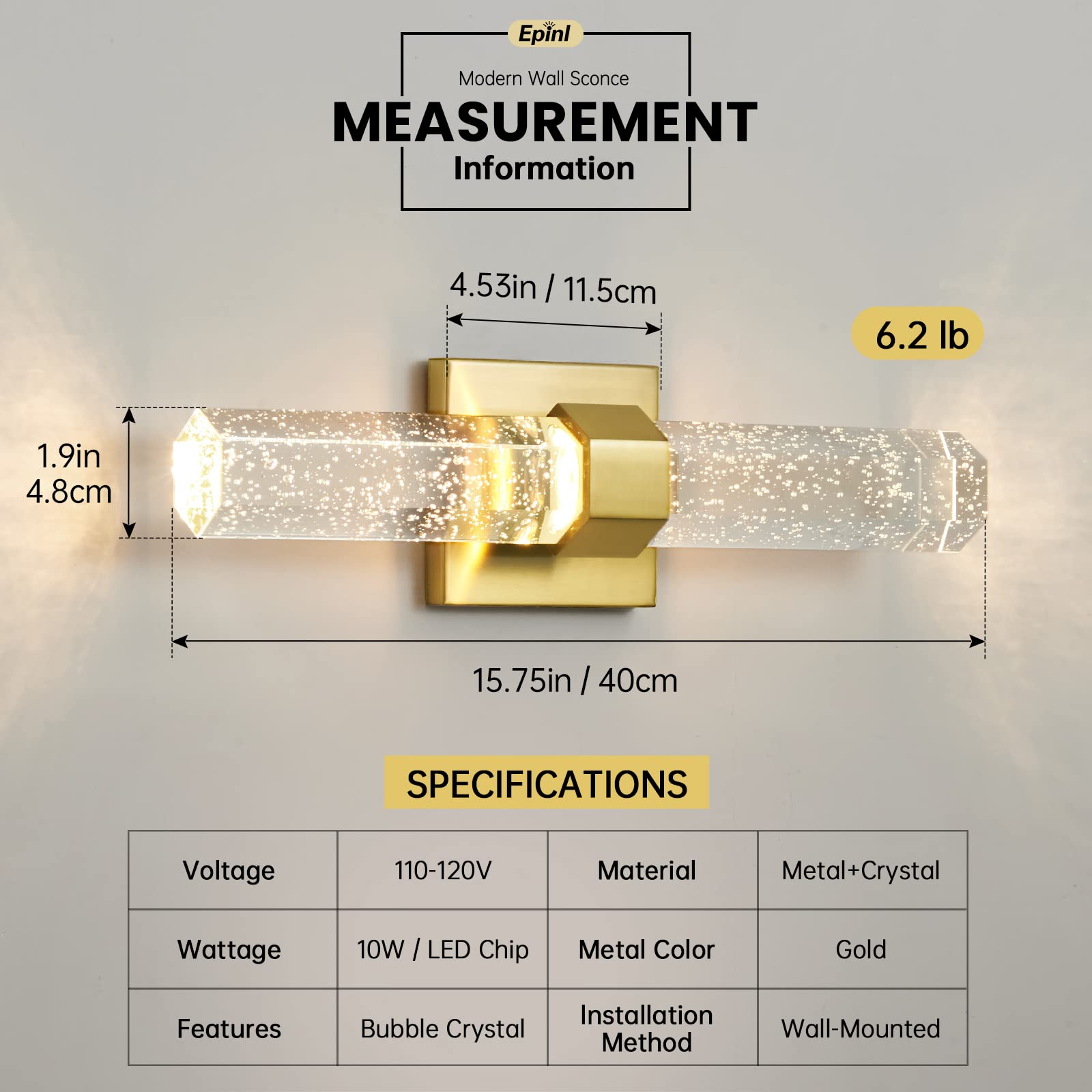 Epinl Bathroom Sconce Wall Lighting - Modern Gold Wall Sconce Crystal Wall Light 3000K Led Wall Mount Light Vertical And Horizon