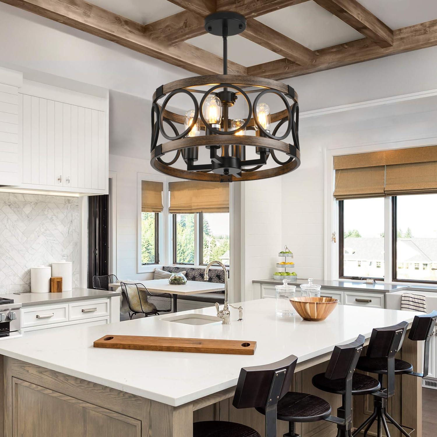 SHIANDAR 4-Light Semi Flush Mount Ceiling Light Fixture - Black Metal Rustic Chandelier for Dining Room, Adjustable Height, Model TYdk-mw All240206