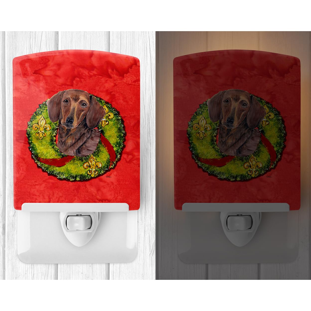Caroline'S Treasures Sc9105Cnl Dachshund Christmas Wreath Ceramic Night Light Compact, Ul-Certified, Ideal For Bedroom, Bathroom