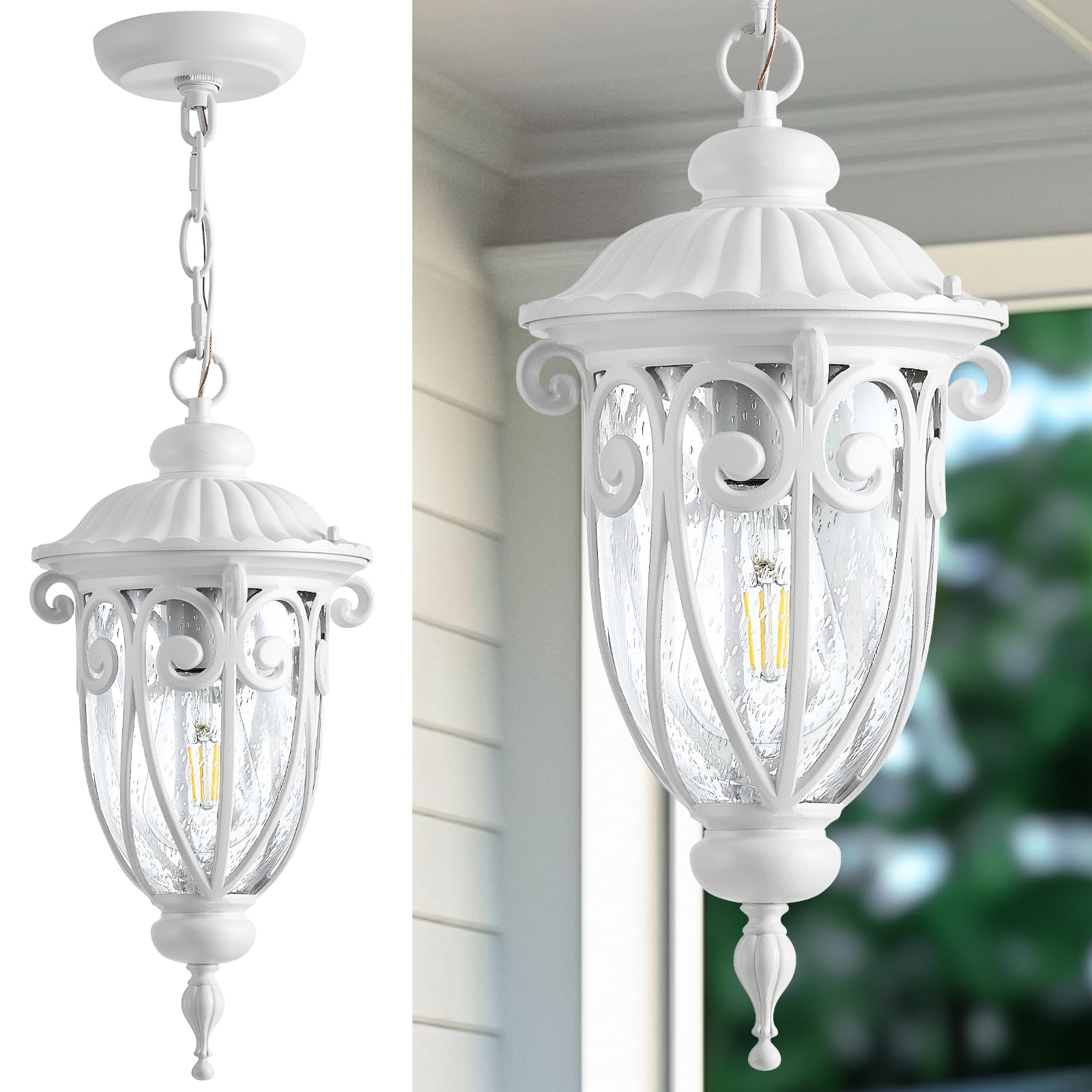 VIANIS Outdoor Pendant Light Lantern, White Modern Outdoor Chandelier, Handcrafted Hanging Outdoor Lights with Seed Glass, Outdo