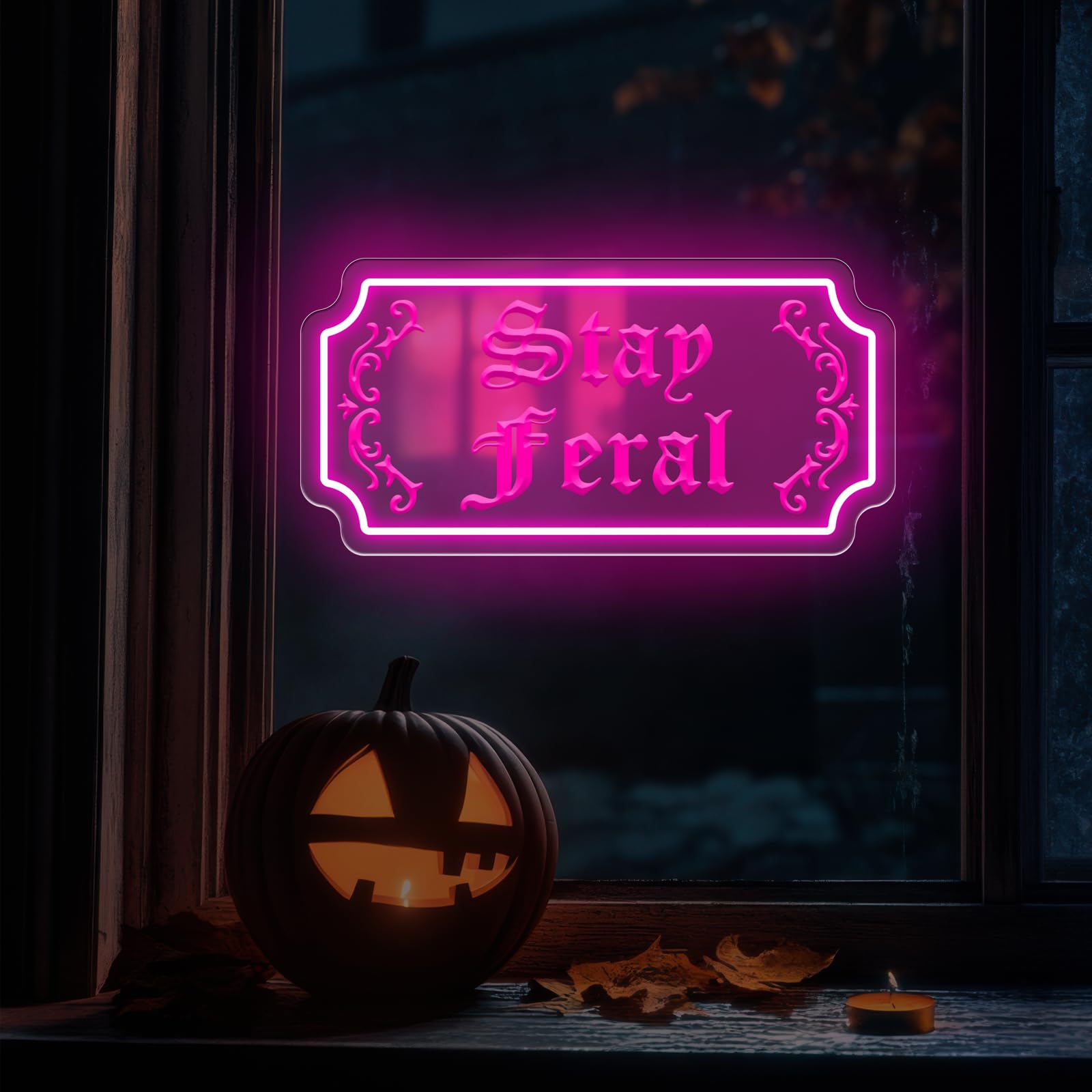 Stay Feral Neon Sign Gothic Decor Led Light Goth Lover Gift Halloween Decoration Bat Neon Sign Decor Ghost Spooky Wall Art  15.7X7.9  Pink