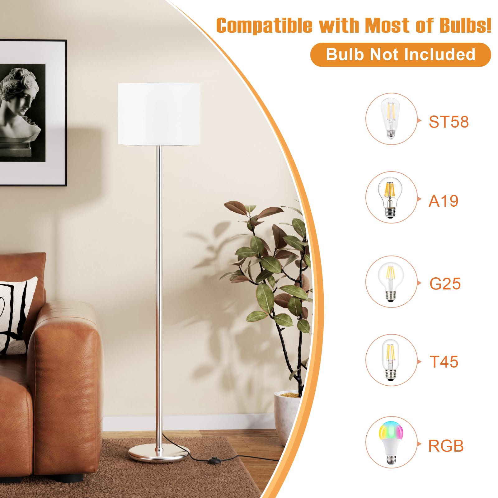 Ambimall Floor Lamps For Living Room With 3 Color Temperatures Bulb & Pull Chain Switch, 60'' Modern Standing Floor Lamp For Bed