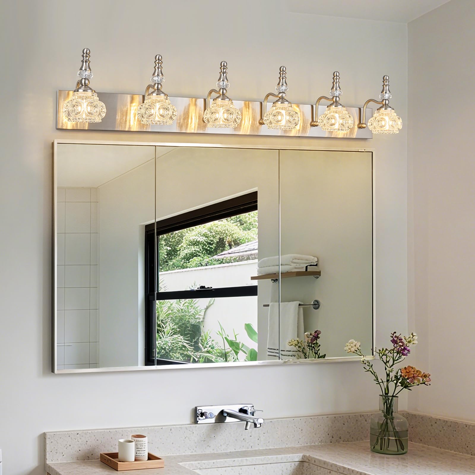 Lbsqj Modern Glass Crystal Vanity Light - Vintage Bathroom Lighting Fixtures Over Mirror  6 Light Vanity Lights G9 Bulb (43.3 Inch  Nickel)