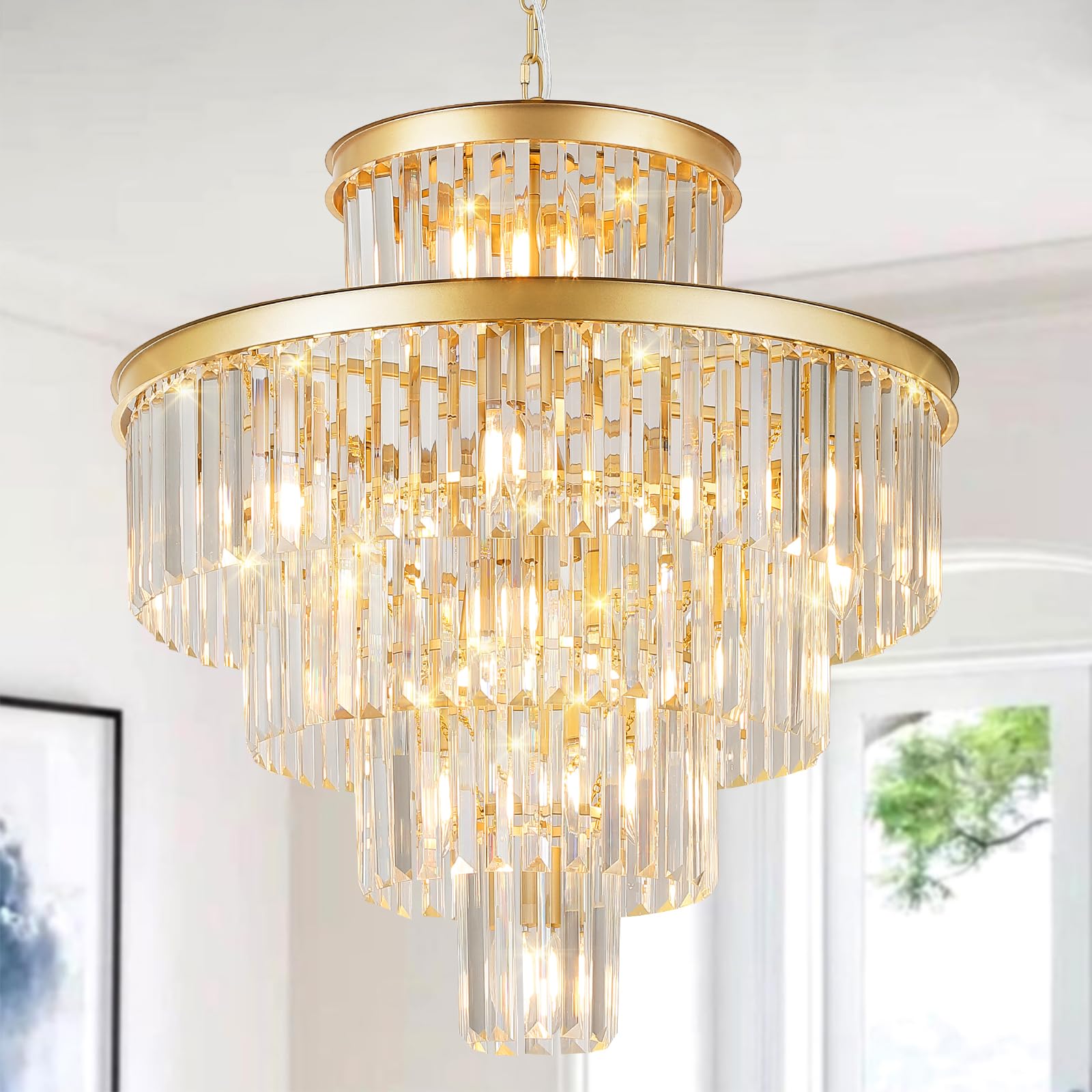 CATINER Modern Gold Crystal Chandelier 15 Lights 24'' Round Light Fixture Luxury 5-Tier K9 Crystals Chandelier Contemporary Pend