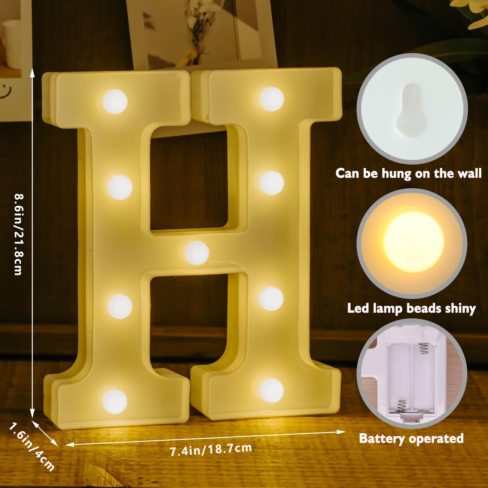 IFDGCTK LED Light Up Letters, Decorative Marquee Alphabet, Warm Light, Battery Powered, Letter H