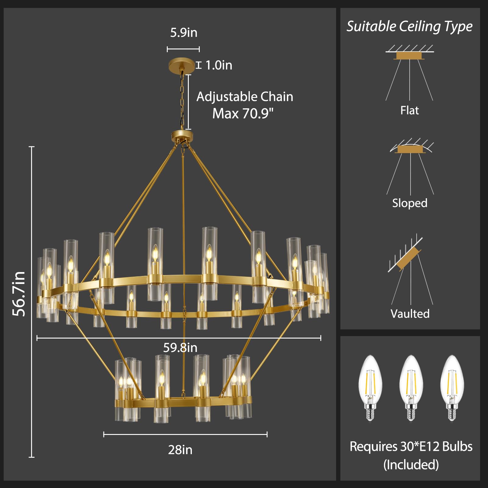Gold Wagon Wheel Chandelier 2 Tier, 60 Inch Chandeliers With Glass Shade, 30-Light Large Chandelier For High Ceiling, Modern Far