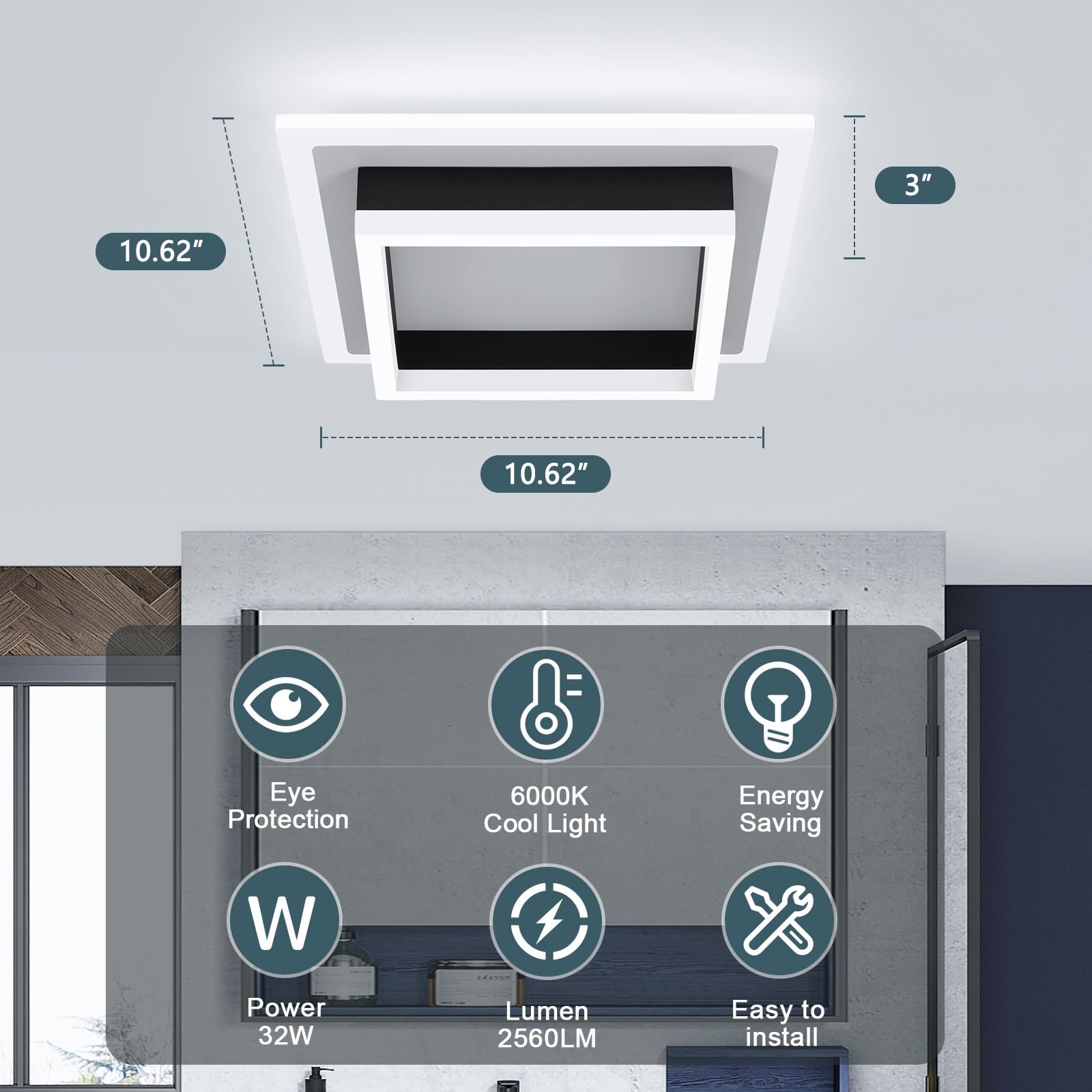 Eidisuny 32W Modern Led Ceiling Light  Small Flush Mount Light Fixture  6500K Cold White Ceiling Lamp  Square Hallway Lighting Fixtures For Living Room Bedroom Bathroom Kitchen (White  Cold White)