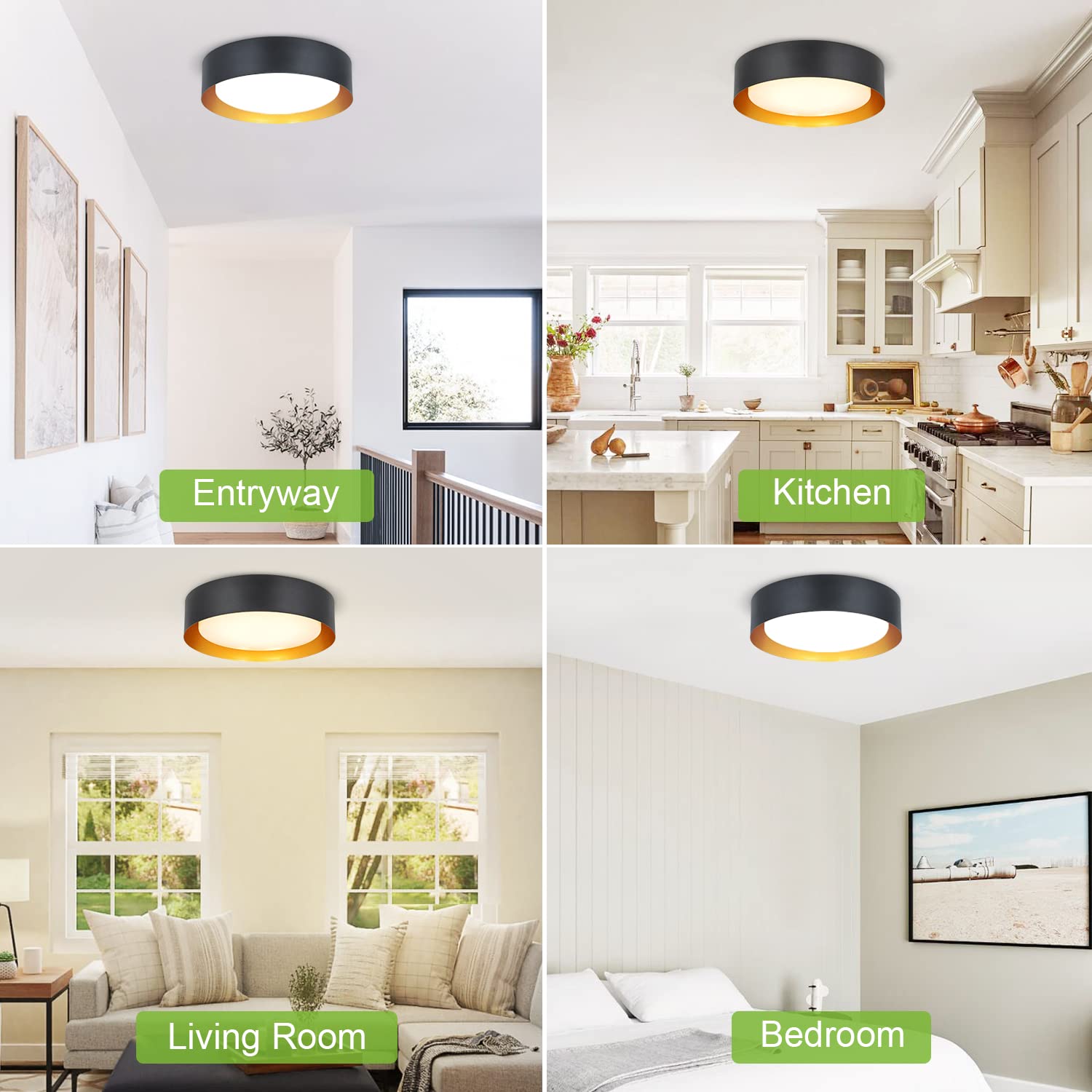 Depuley 18W Flush Mount Led Ceiling Light, 13 Inch Dimmable 3 Color In One Round Light Fixture(3000K-5000K), Black With Gold Ins