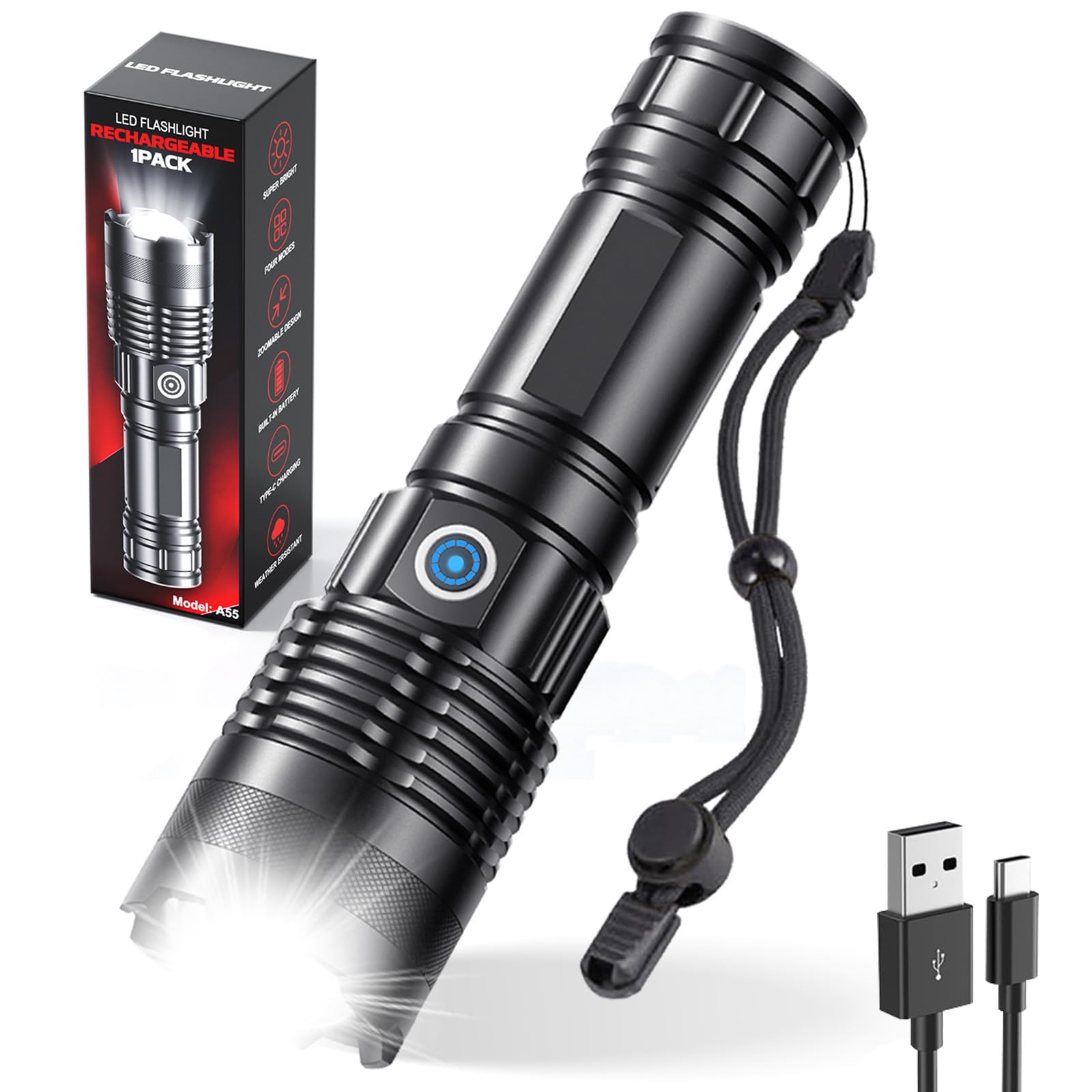 Rechargeable Flashlights High Lumens, 1 Pack Super Bright Tactical Flashlight With Adjustable Lighting Modes, Zoomable Handheld 