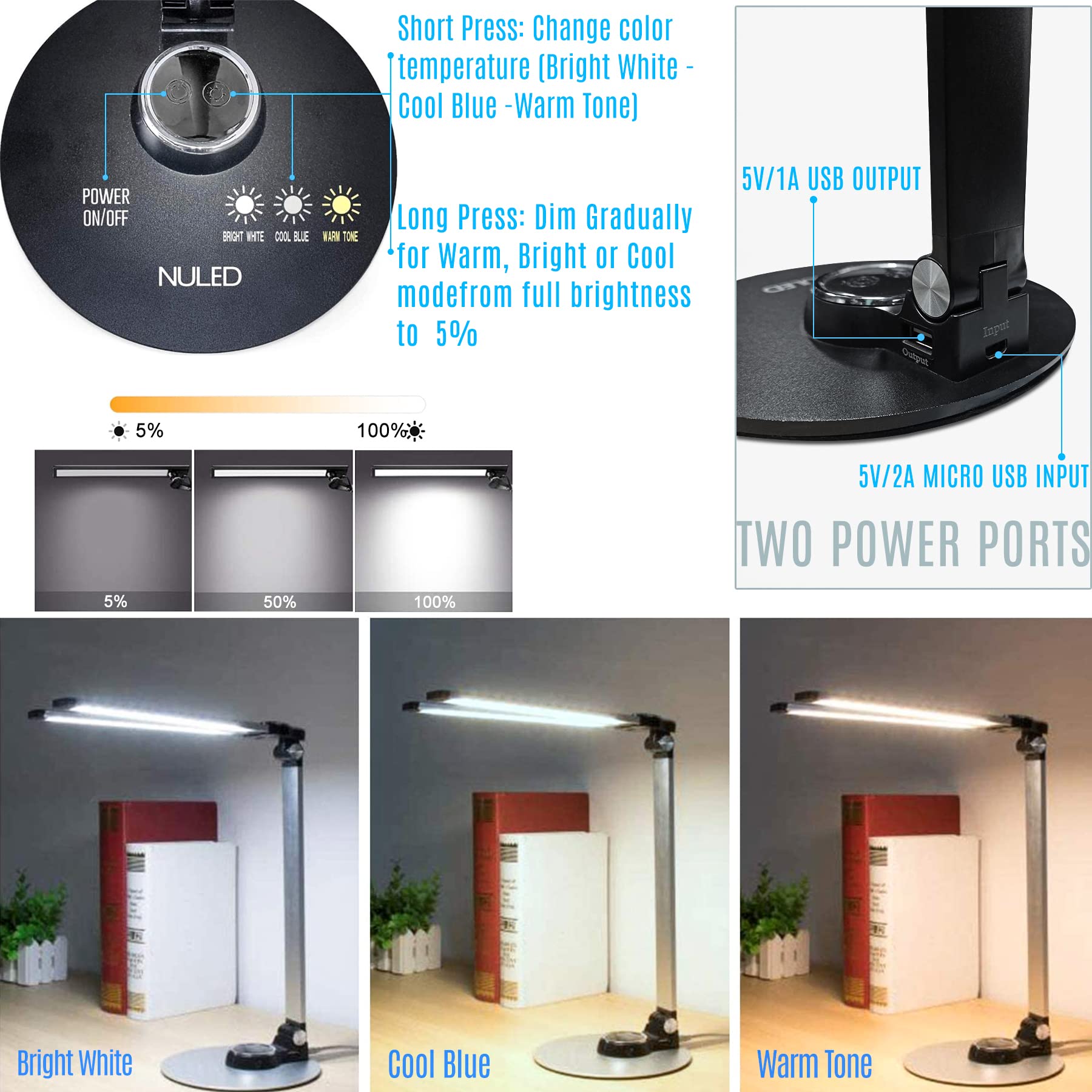 NUNET LED Desk Lamp, Rotatable Aluminum with USB Charging, Eye-Caring Light, 3 Modes, Model NULED-MSL2, Silver
