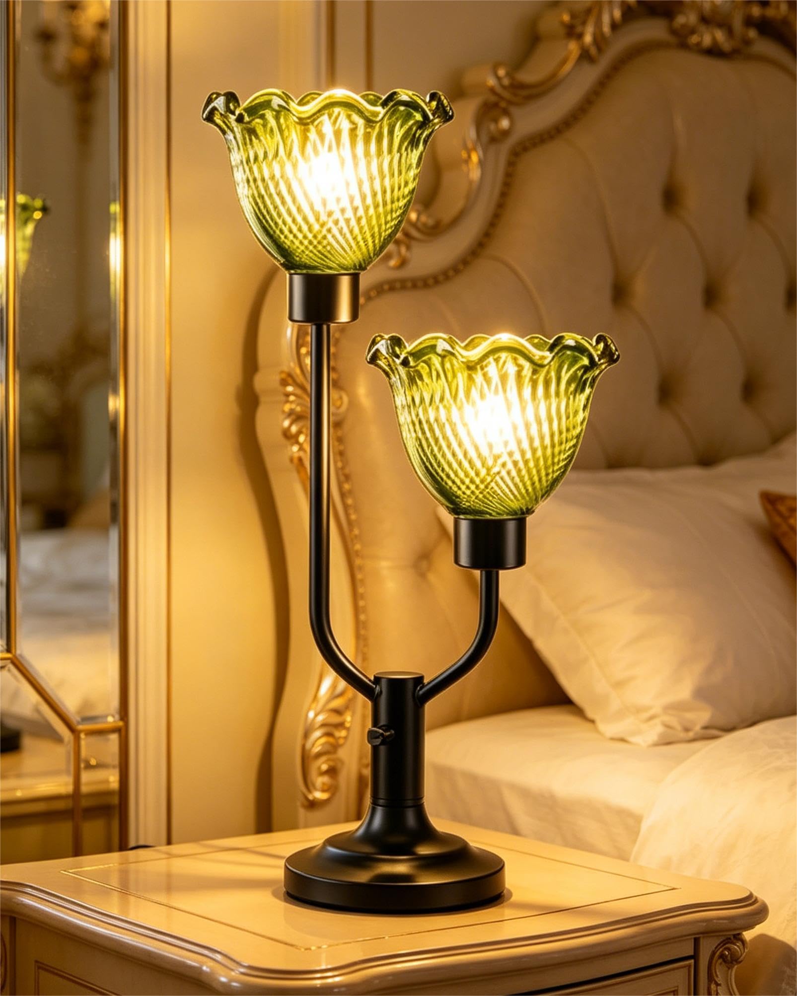 Lightdot Green Glass Flower Table Lamp for Bedroom Dimmable Mid Century Modern Vintage Desk Lamp Black Nightstand Lamp 2 Bulbs I