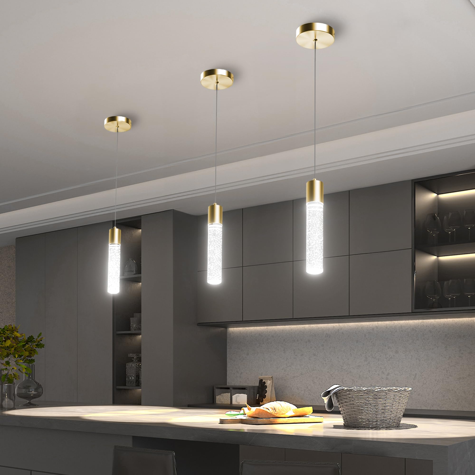 Esfos Pendant Lights Kitchen Island, 6500K Modern Kitchen Island Lights Ceiling Lighting Fixtures With Crystal Bubble, Integrate