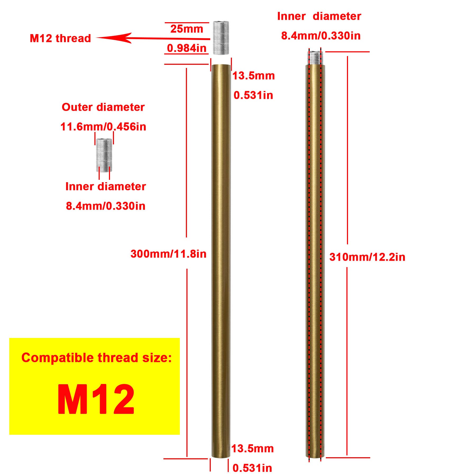 Haligate M12 Threaded Extension Rod for Pendant Light, 12" Brushed Brass, Model HALIGATE-YCG-M12-GOLD