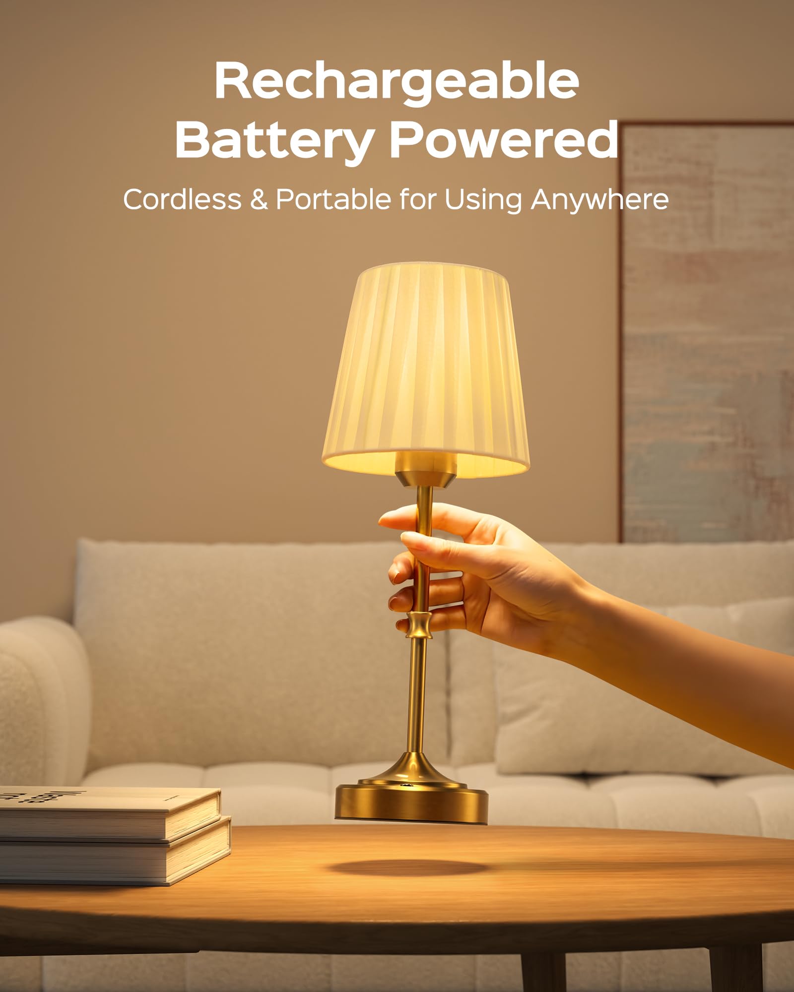 Jackyled Portables Cordless Table Lamp  3 Color Light Fabric Shade Vintage Gold Desk Lamp  5400Mah Led Rechargeable Table Lamp  Dimmable Light For Dining Room  Bedroom Bedside  Entryway Decor  2 Pack
