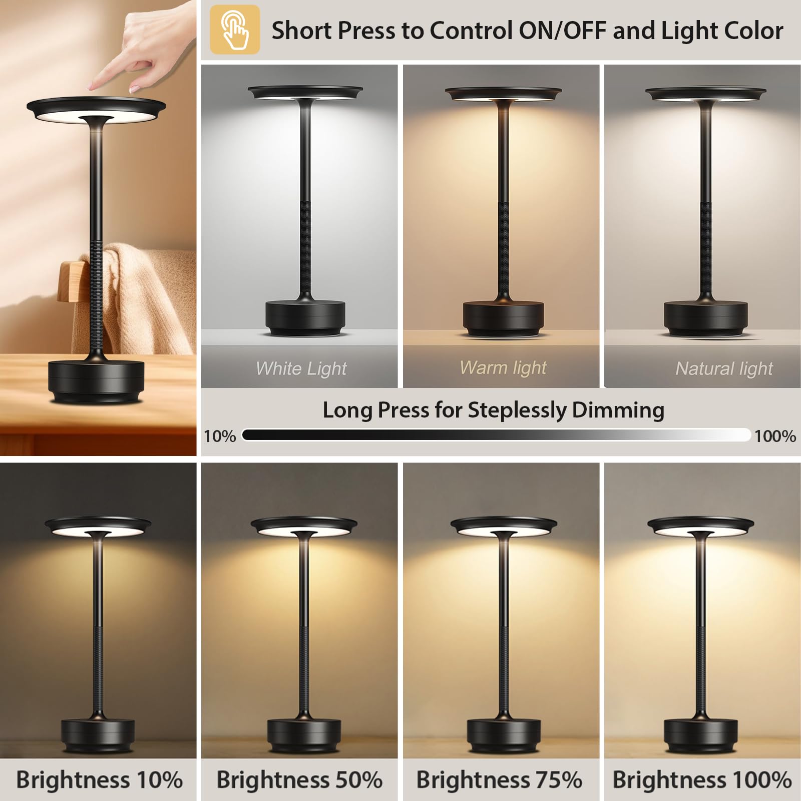 Cordless Table Lamp, 5000Mah Rechargeable Table Lamp, Battery Powered Lamp With 3 Color Stepless Dimming, Portable Led Desk Lamp