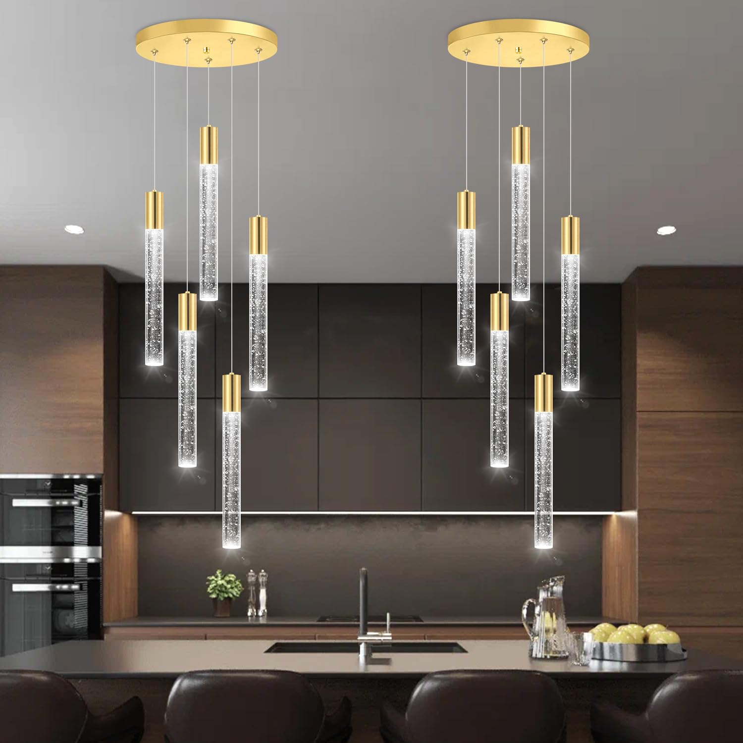 HAIXIANG 5-Lights Chandelier Modern Crystal Pendant Lighting Stainless Steel Gold MMQ3810 for Kitchen Island Dining Room