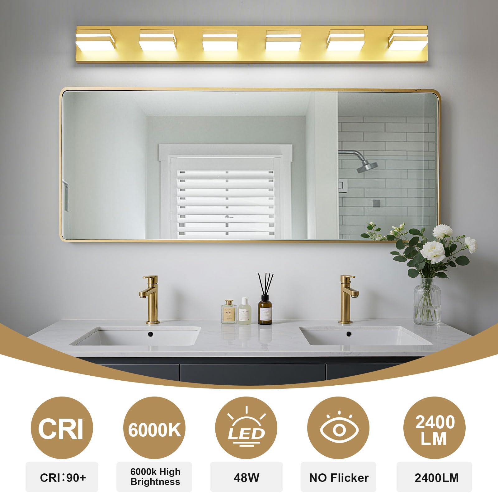 JZEKVN 6-Light Modern LED Bathroom Vanity Light Fixture, Gold Acrylic, 41.73in, Model 202541012