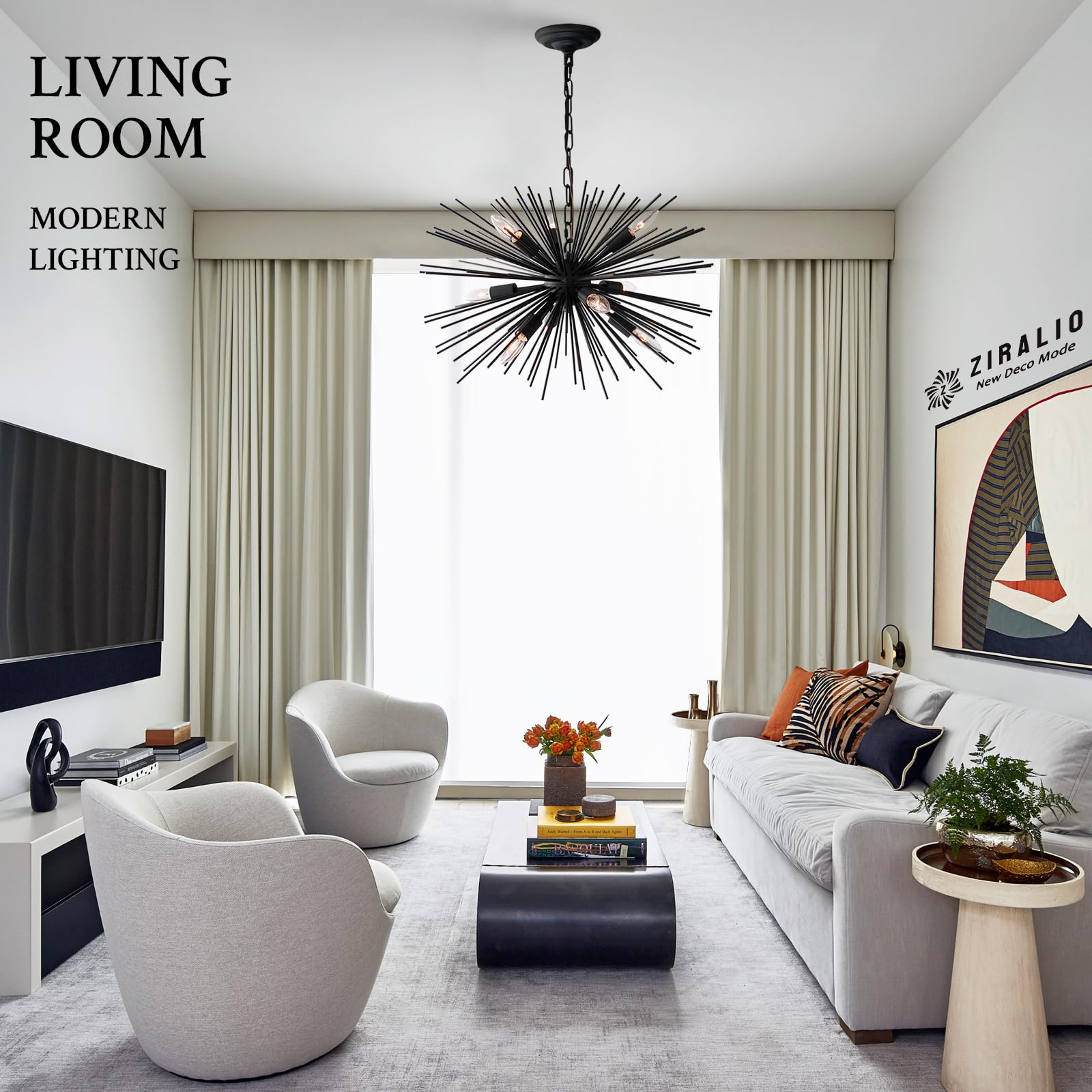 Ziralio Modern Black Sputnik Chandelier 9-Light Dining Room Chandelier Light Fixture For Living Room, Bedroom, Kitchen, Entryway