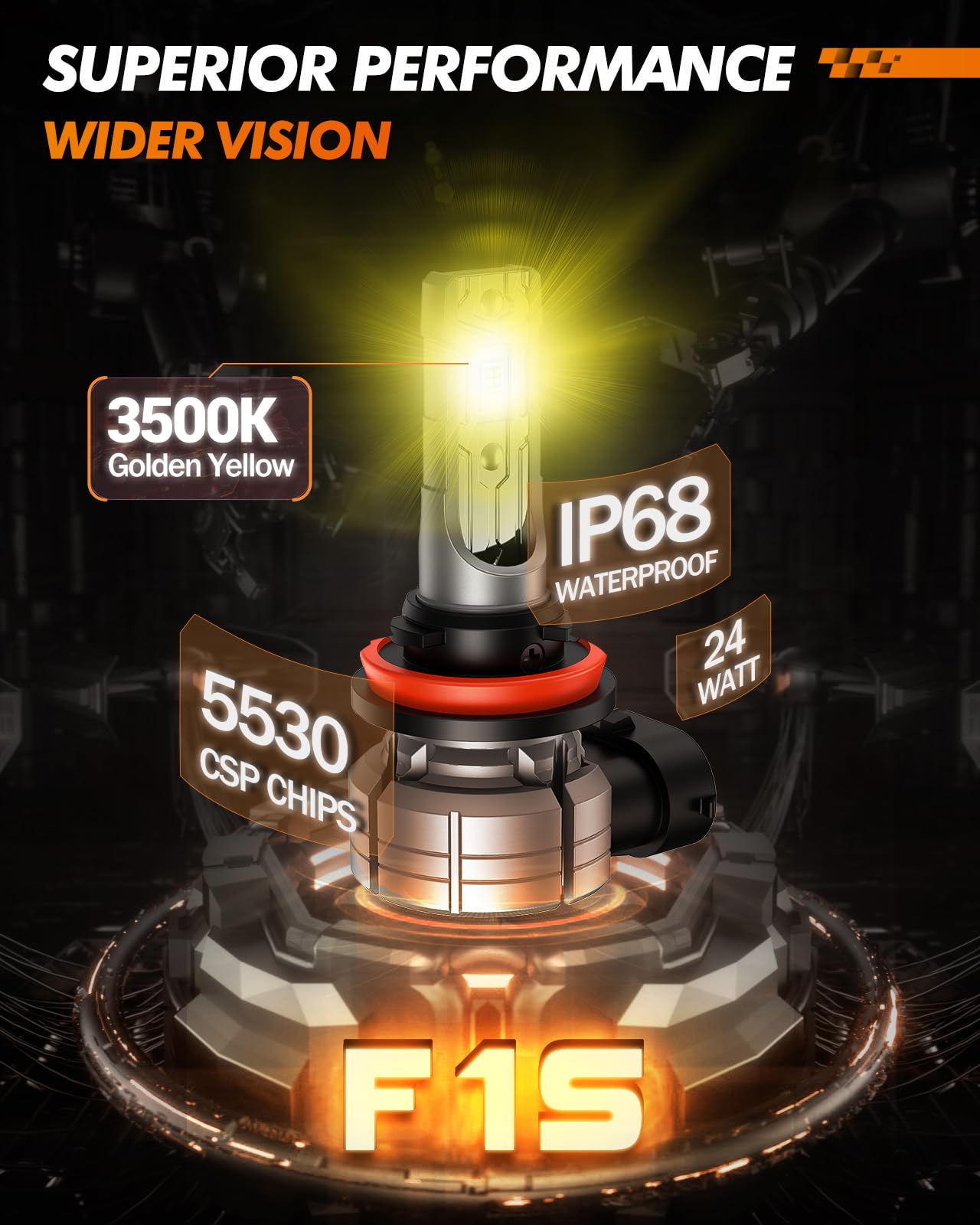 SEALIGHT H11 Yellow Fog Light Bulbs, 10000 Lumens, 3000K Amber Yellow, 32 CSP LED Chips, Pack of 2