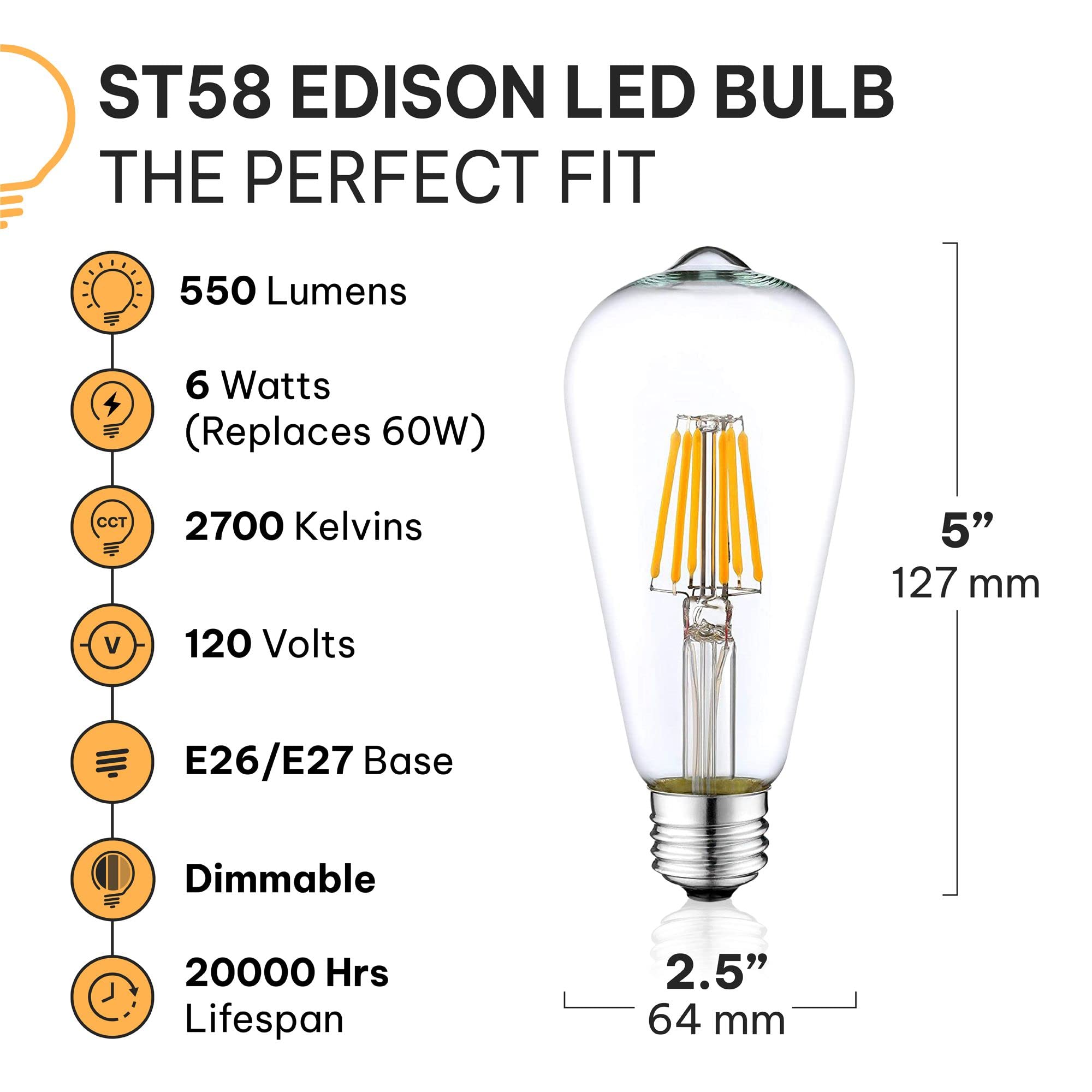 HUDSON BULB CO. Vintage LED Edison Bulbs 60W Dimmable ST58 2700K Soft White - 6 Pack E26/E27 Base Decorative Lightbulbs