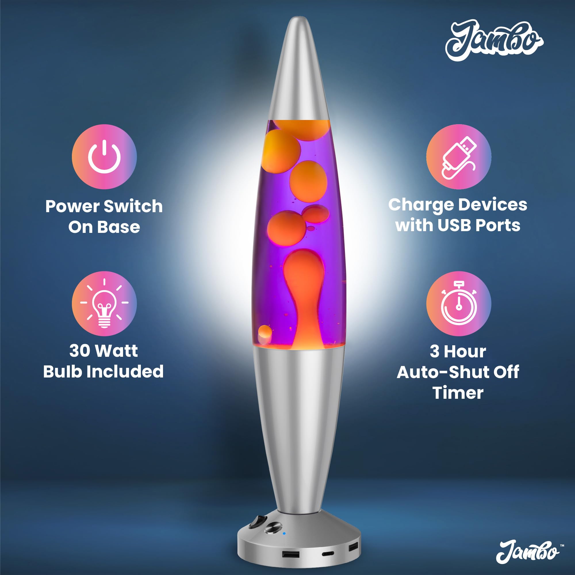 JAMBO Motion Lamp - 16in Silver Base, Purple Liquid, Yellow Wax - USB Ports, Auto Shut Off, Model 59000 - Night Light for Home Decor