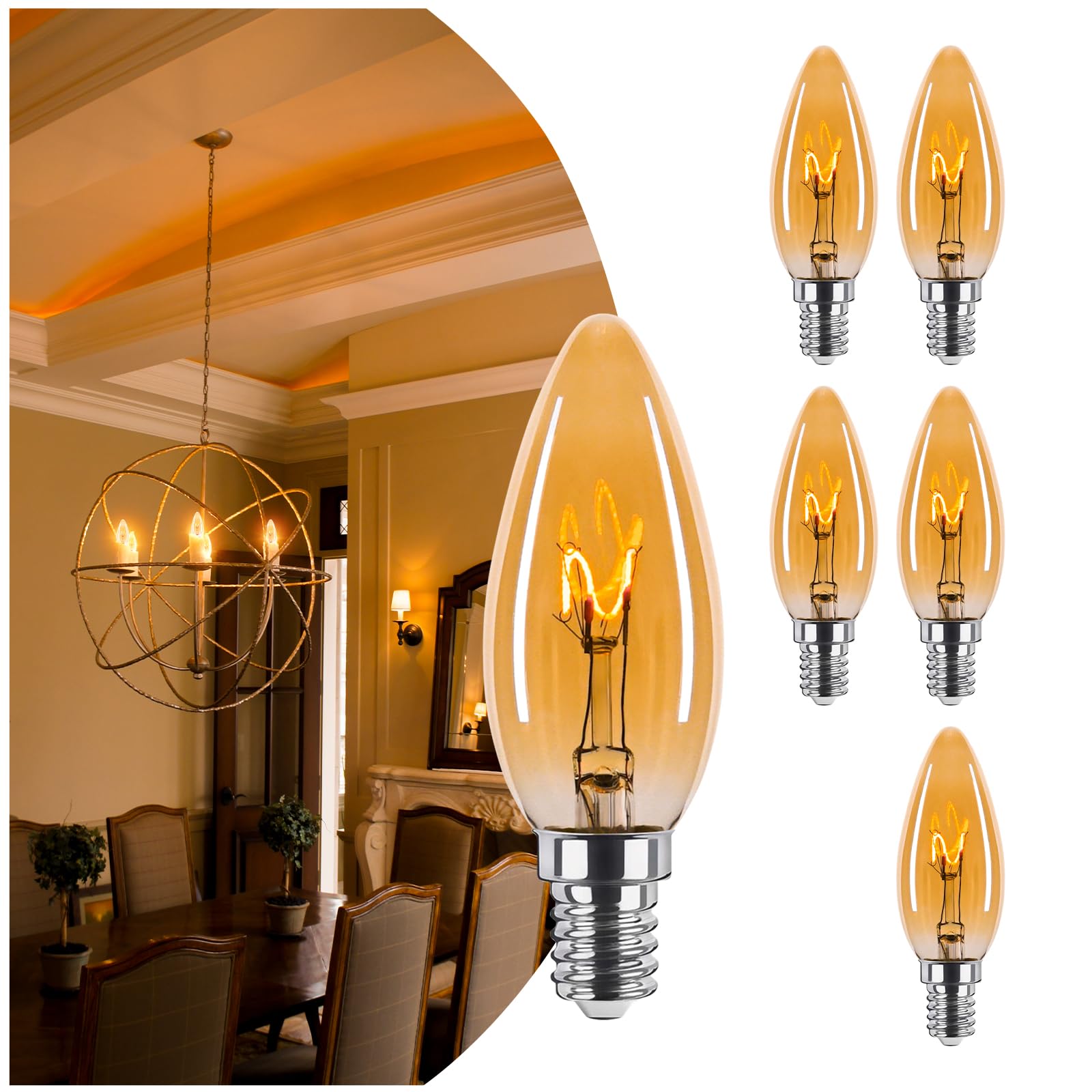 Brighfivey Amber Candelabra Bulb 25W Equivalent, 2W Ultra-Fine Filament E12 Base Candelabra Led Light Bulb, Dimmable Amber Led B
