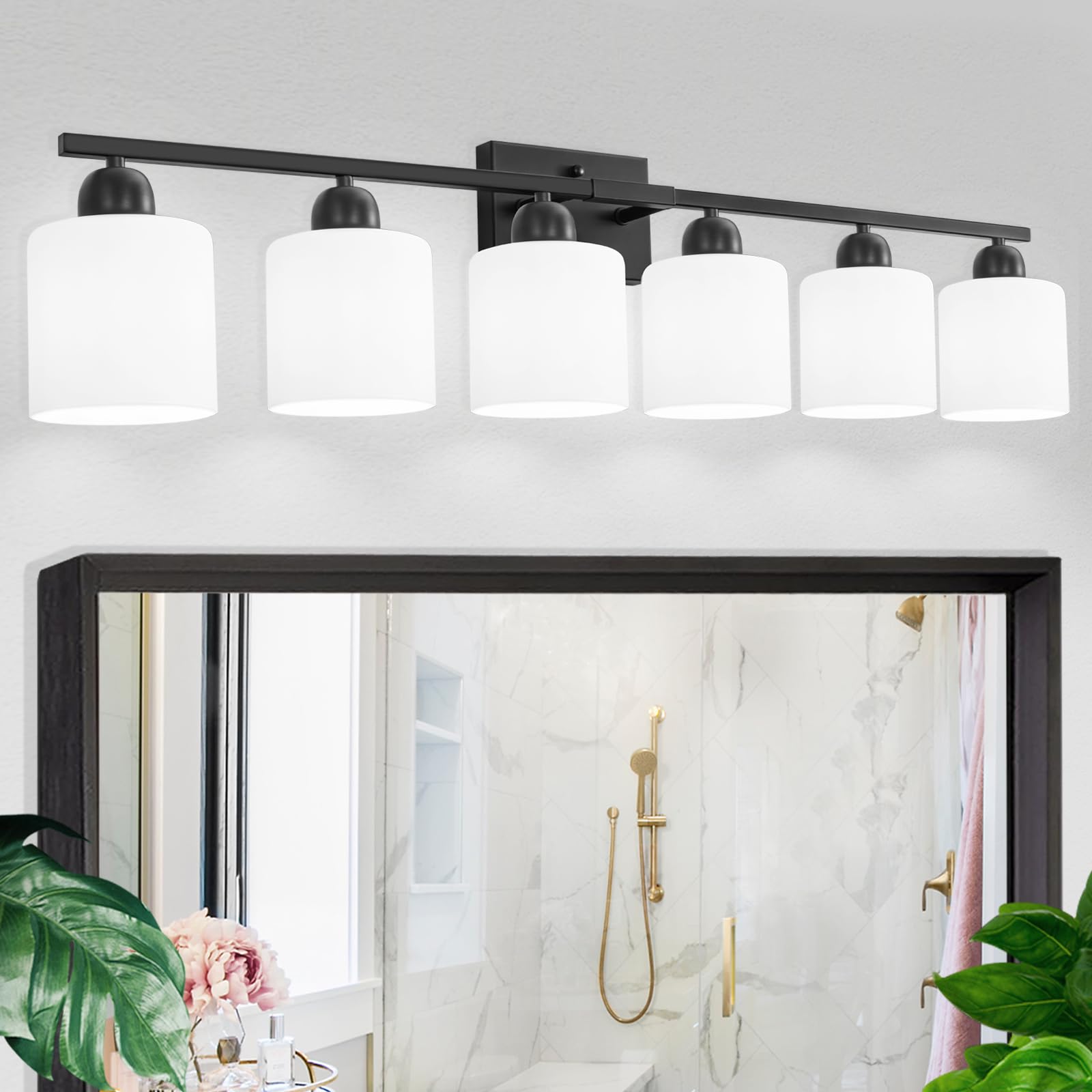 FAISHILAN 6-Light Vanity Lights, Black Glass Bathroom Lighting Fixture, Model FSL-212--NBH-6