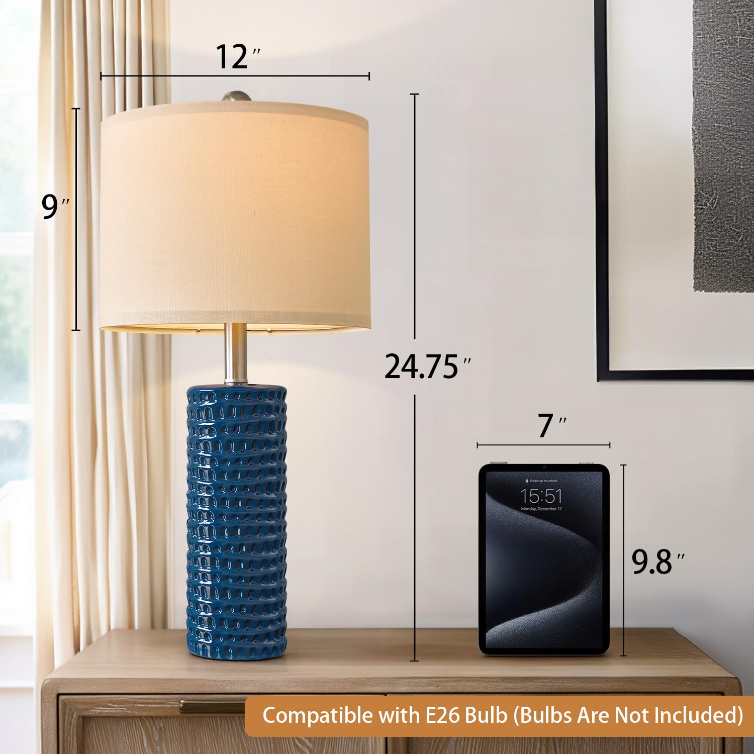 PORTRES 24.75" Modern Ceramic Table Lamp Set of 2 - Blue Accent Lamps for Bedroom, Living Room, Office, Study Room, Farmhouse Decor