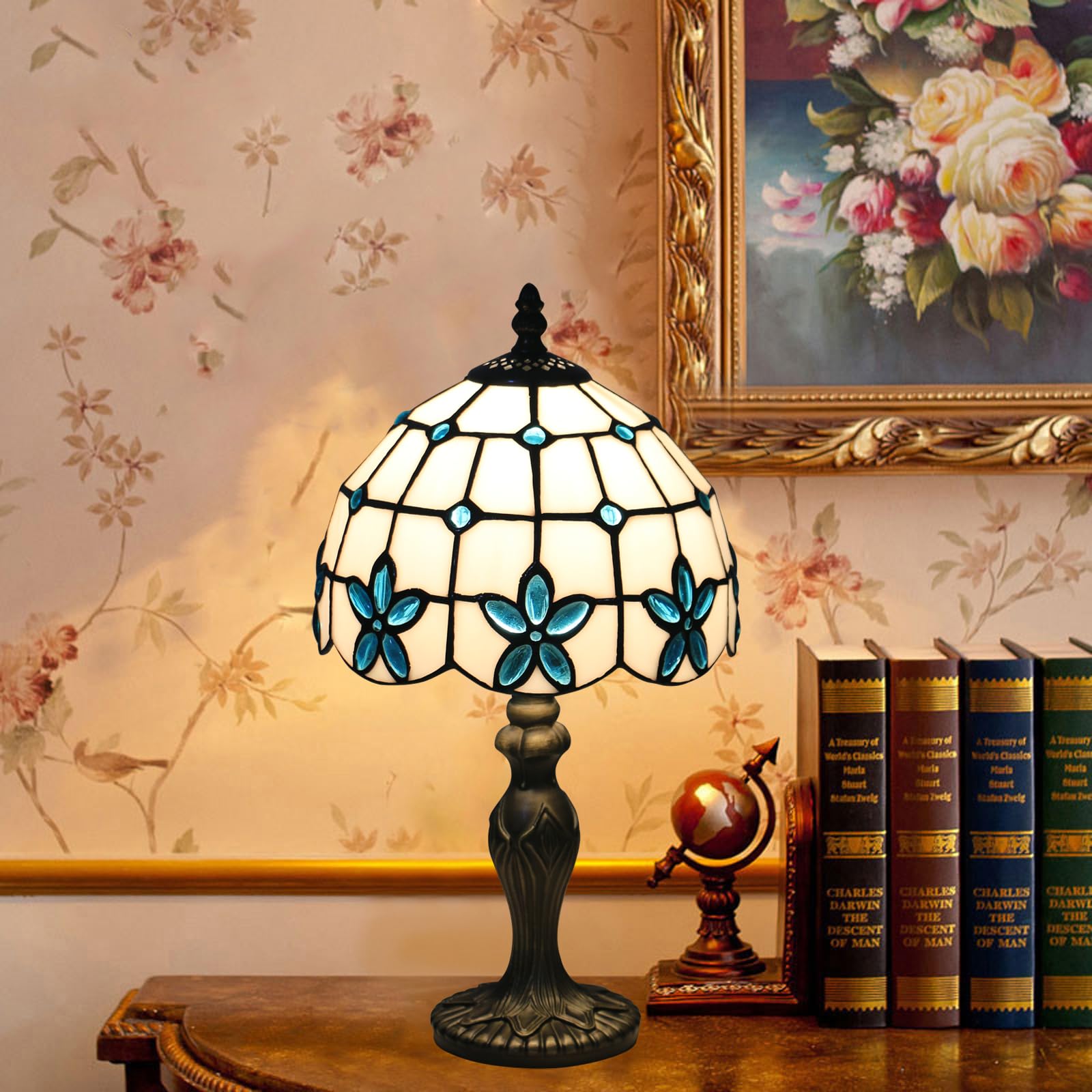 Tuomoxte Tiffany Style Table Lamp, 8 Inch Stained Glass Lamp, Small Antique Table Lamp, Bedside Lamp, For Nightstand Bedroom Liv