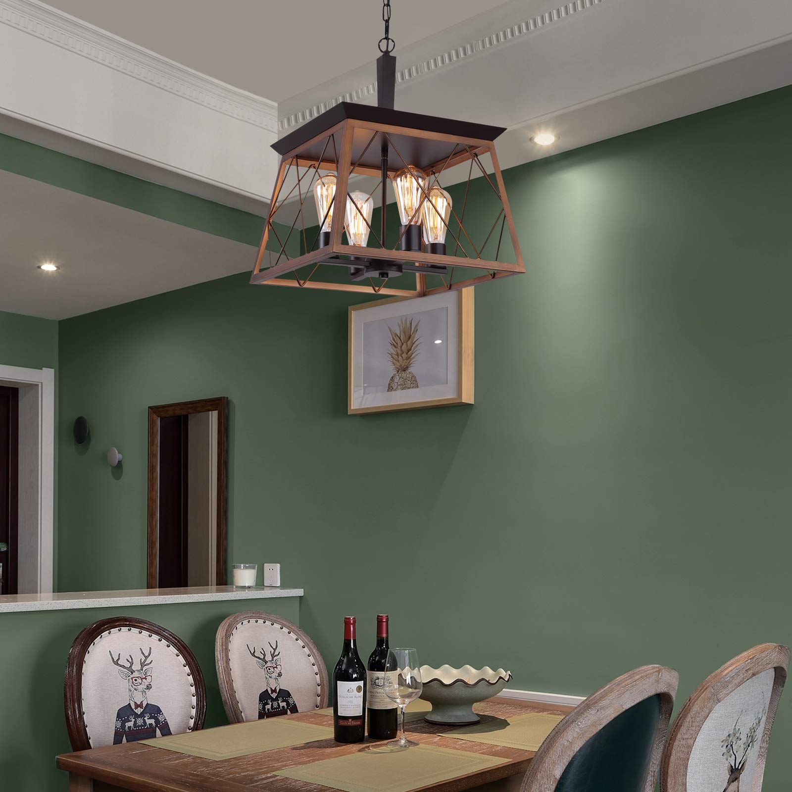 Q&S Farmhouse Rustic Chandeliers, Antique Bronze 4-Light Metal Hanging Light for Dining Room and Kitchen, Model P2006-4BR