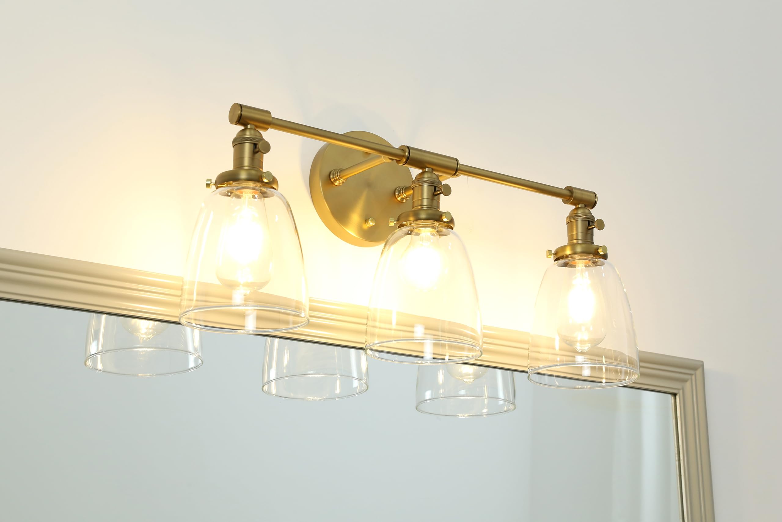 Phansthy Antique Brass 3-Light Wall Sconce with Clear Glass Shade, Model FTY451T, Bathroom Vanity Lighting