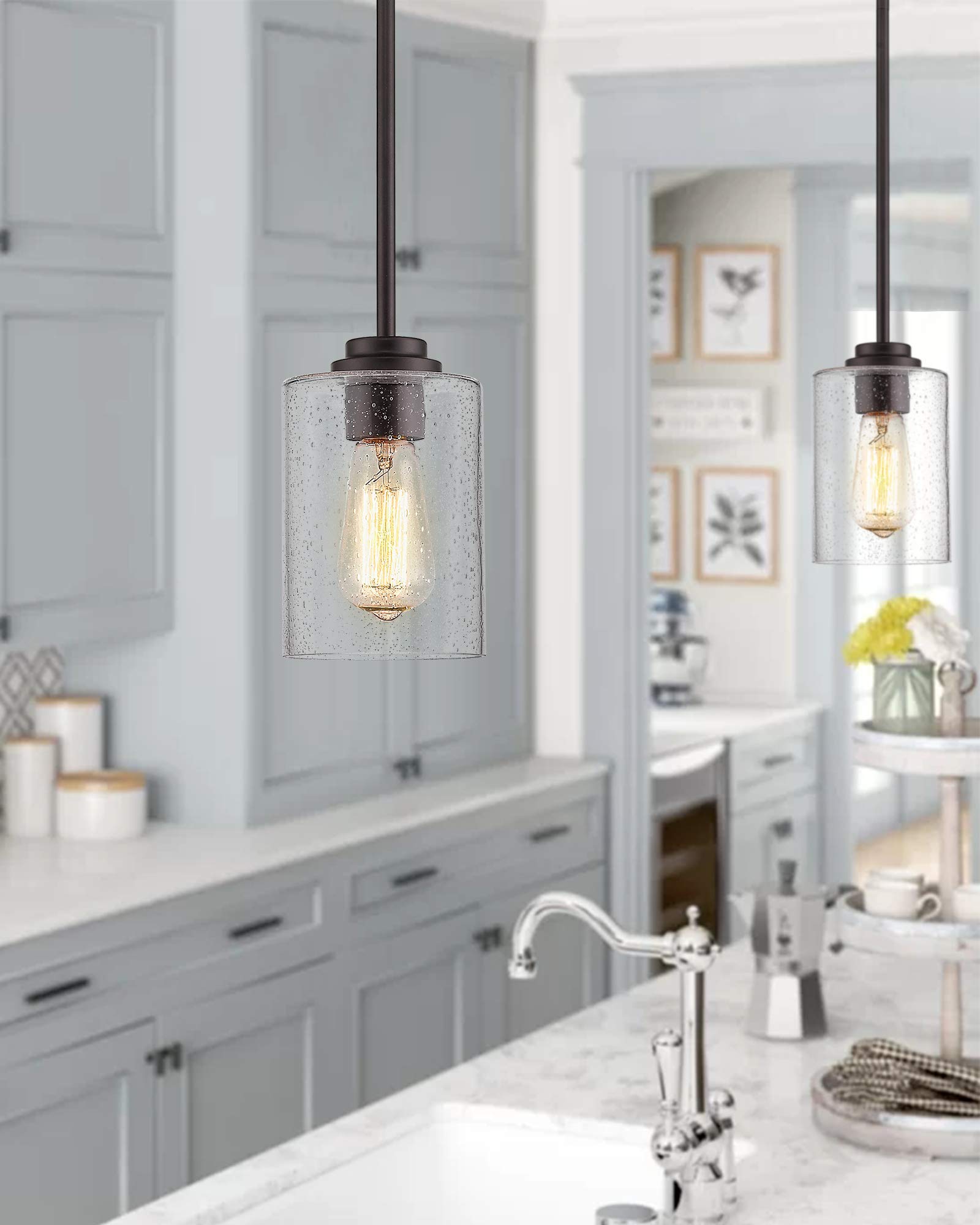 Beionxii Glass Pendant Light | Farmhouse Mini Pendant Lighting for Kitchen Island Dining Room Over The Sink, Oil Rubbed Bronze w