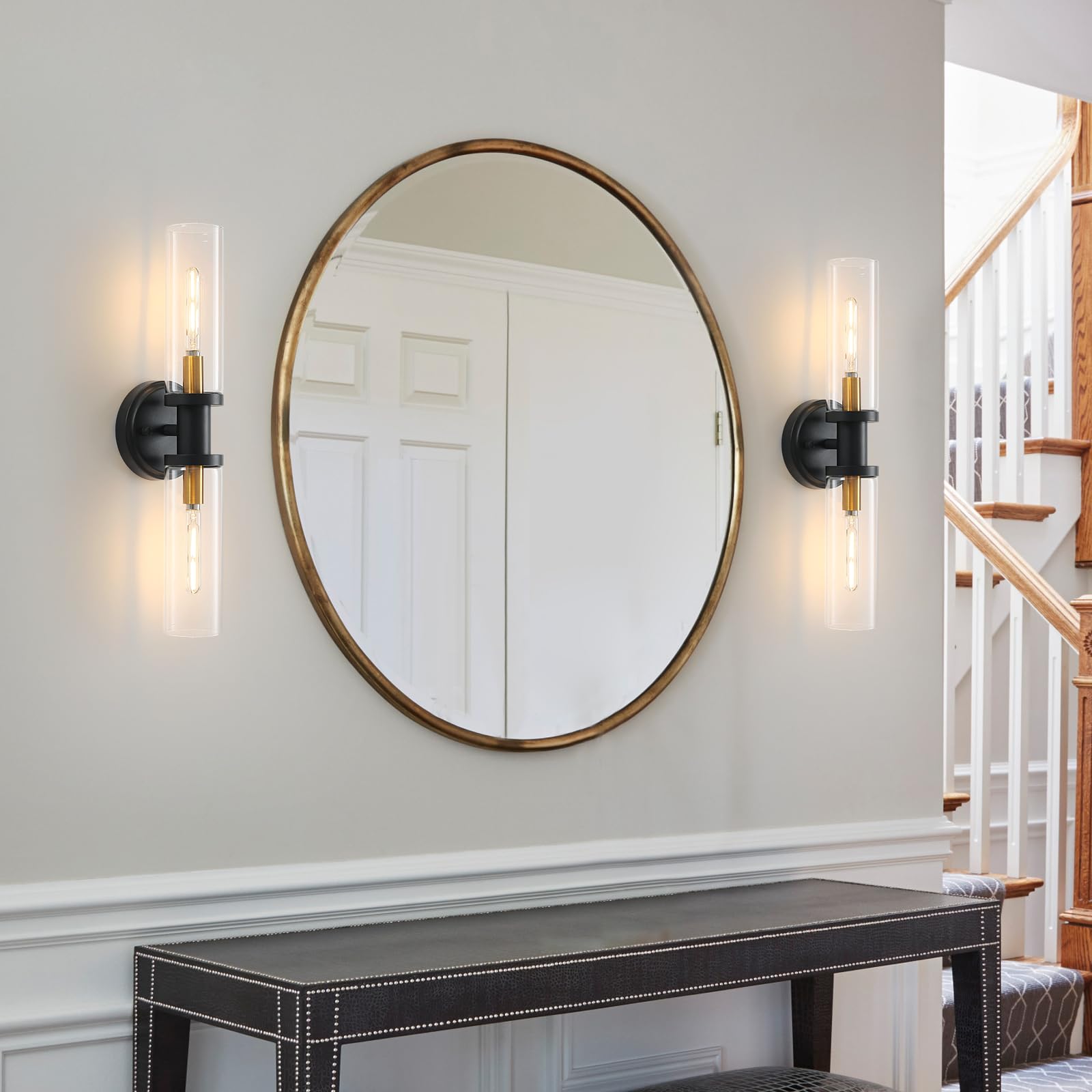 KUZZULL Wall Sconces Set of 2 Black and Brass Gold with Clear Glass Shade, 28in, Indoor Lighting Decor