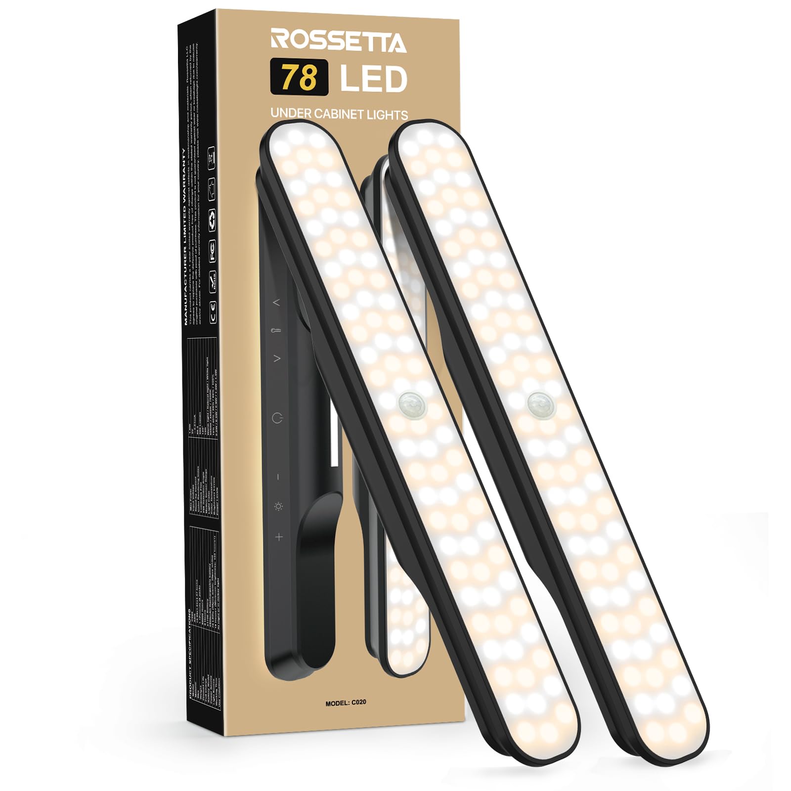 Rossetta 78 Led Under Cabinet Lights - Battery Operated, Motion Sensor, Dimmable, Wireless, Black