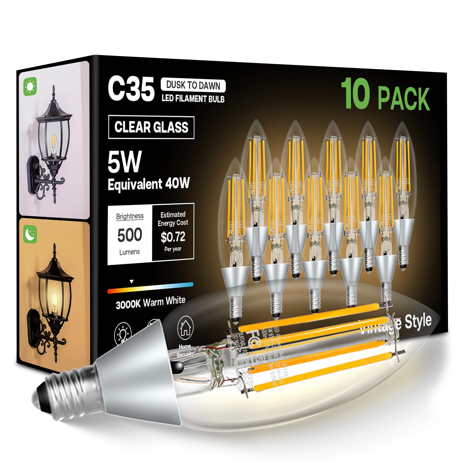 Eastiya Dusk To Dawn Light Bulbs Outdoor: 5W Equivalent 40W, Candelabra B11 Light Bulb, 3000K Warm White, Edison Led Bulbs E12 B