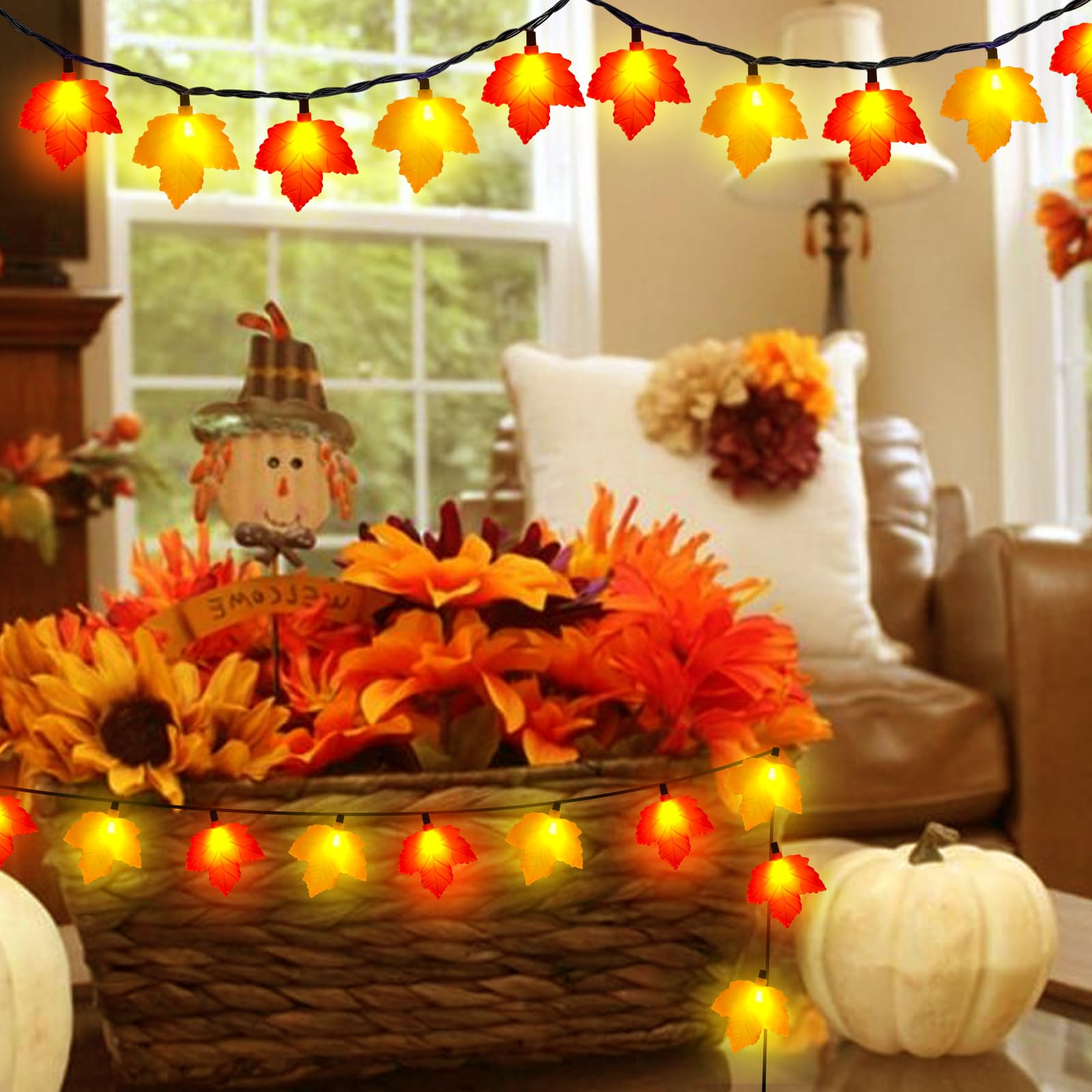 Abeja Fall Maple Leaf Lights  8.5Ft Led Leaf String Lights With 10 3D Orange Yellow Leaves  Indoor Outdoor Fall Lights For Bedroom Thanksgiving Party Garden Patio