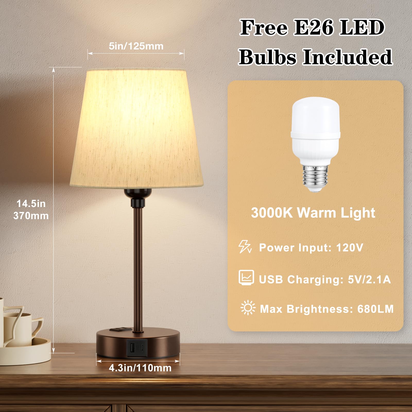 Acaxin Brown Bedside Lamps For Bedrooms Set Of 2 - Nightstand Bedroom Lamp With Usb C Port And Ac Outlet Charging, 3 Way Dimmabl